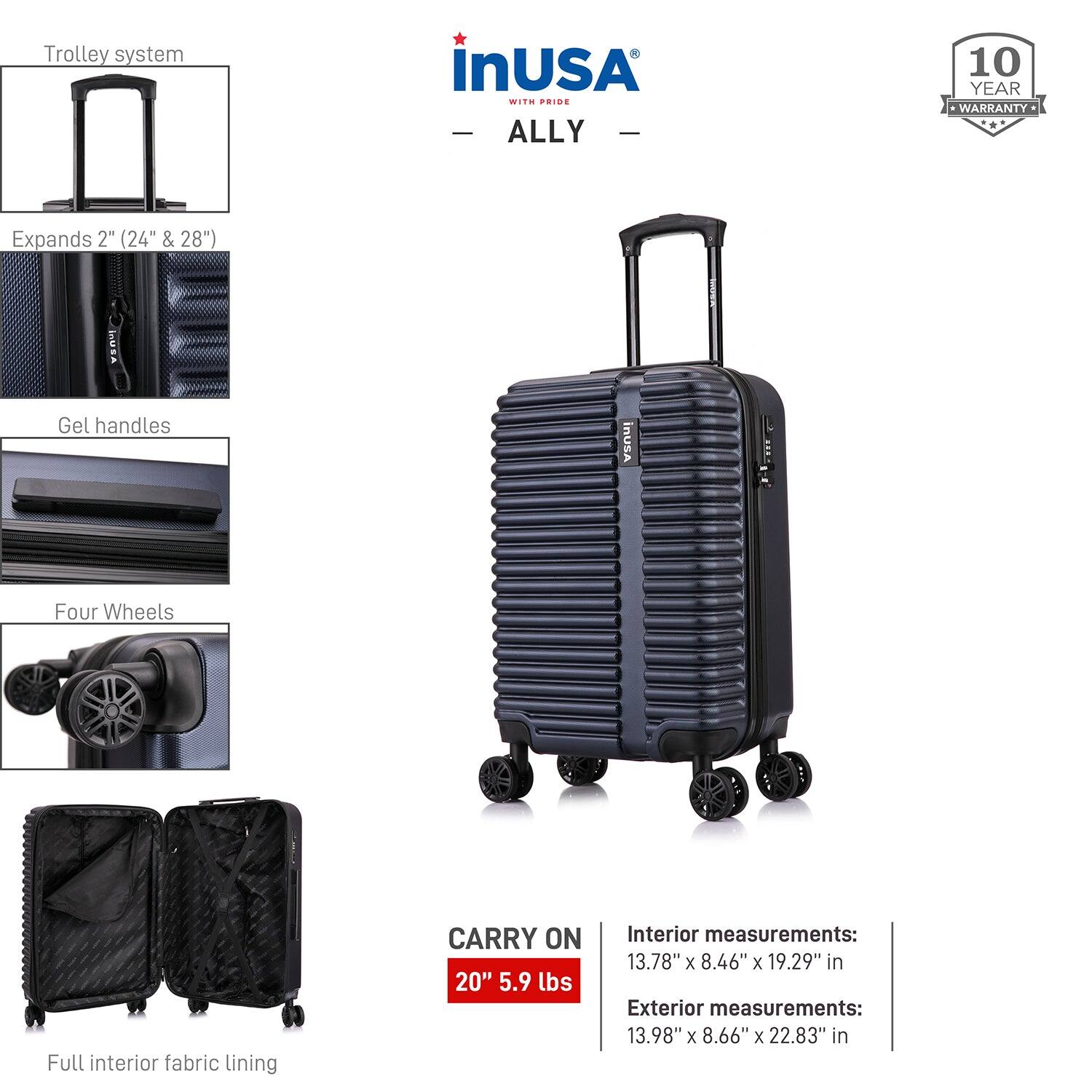 - Trolley system
- Expands 2" (24" & 28")
- Gel handles
- Four Wheels
- Full interior fabric lining

CARRY ON 20" 5.9 lbs

Interior measurements: 13.78" x 8.46" x 19.29" in
Exterior measurements: 13.98" x 8.66" x 22.83" in

10 YEAR WARRANTY