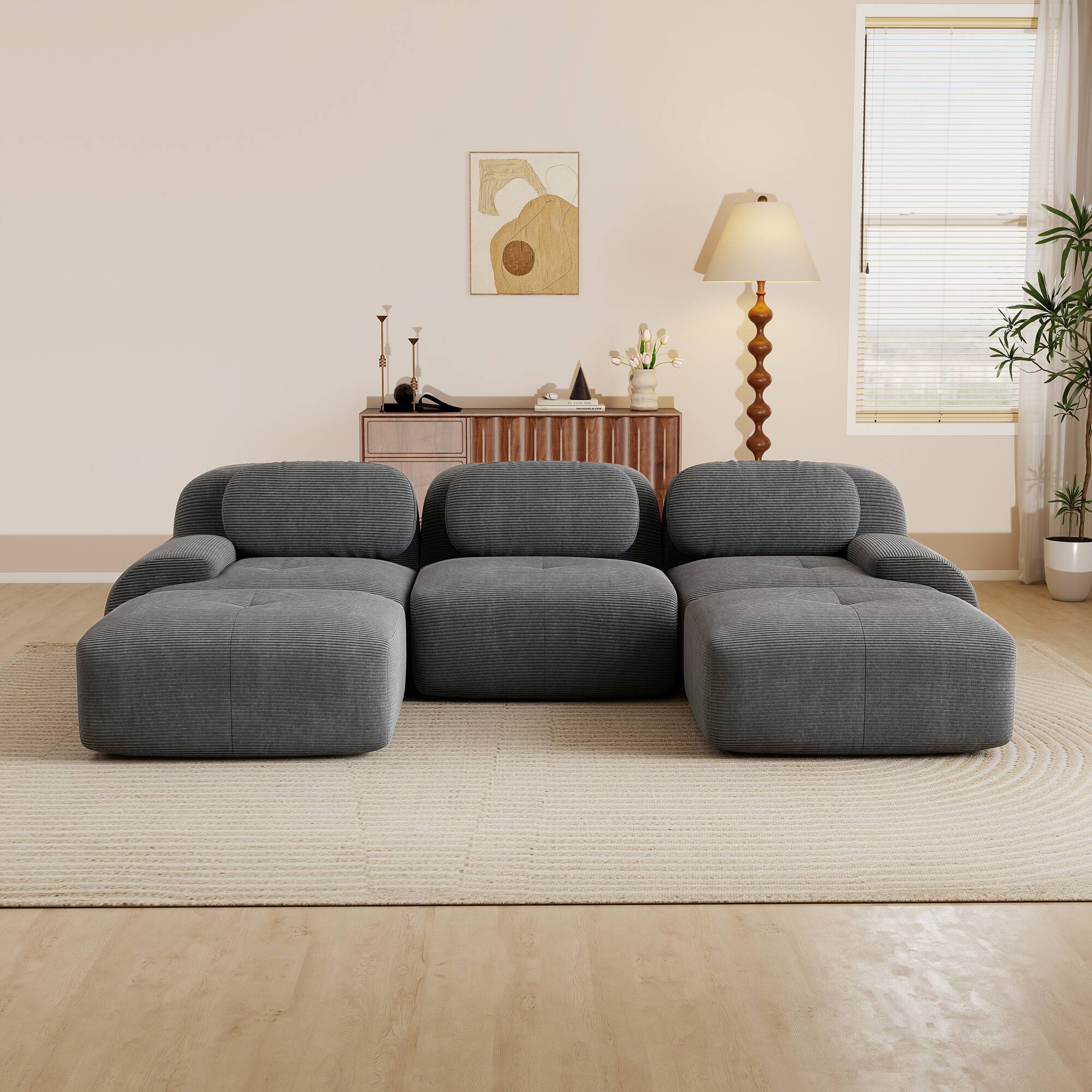 Angle. Aukfa - 3 Seats + 2 Ottoman Modular Corduroy Sectional Sofa - Ergonomic Support, Pet Friendly, Easy Assembly, Non-Slip Base - Gray.