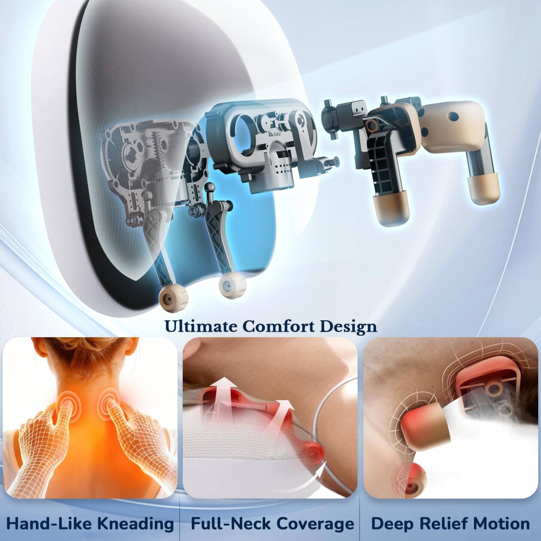 Ultimate Comfort Design

Hand-Like Kneading  
Full-Neck Coverage  
Deep Relief Motion