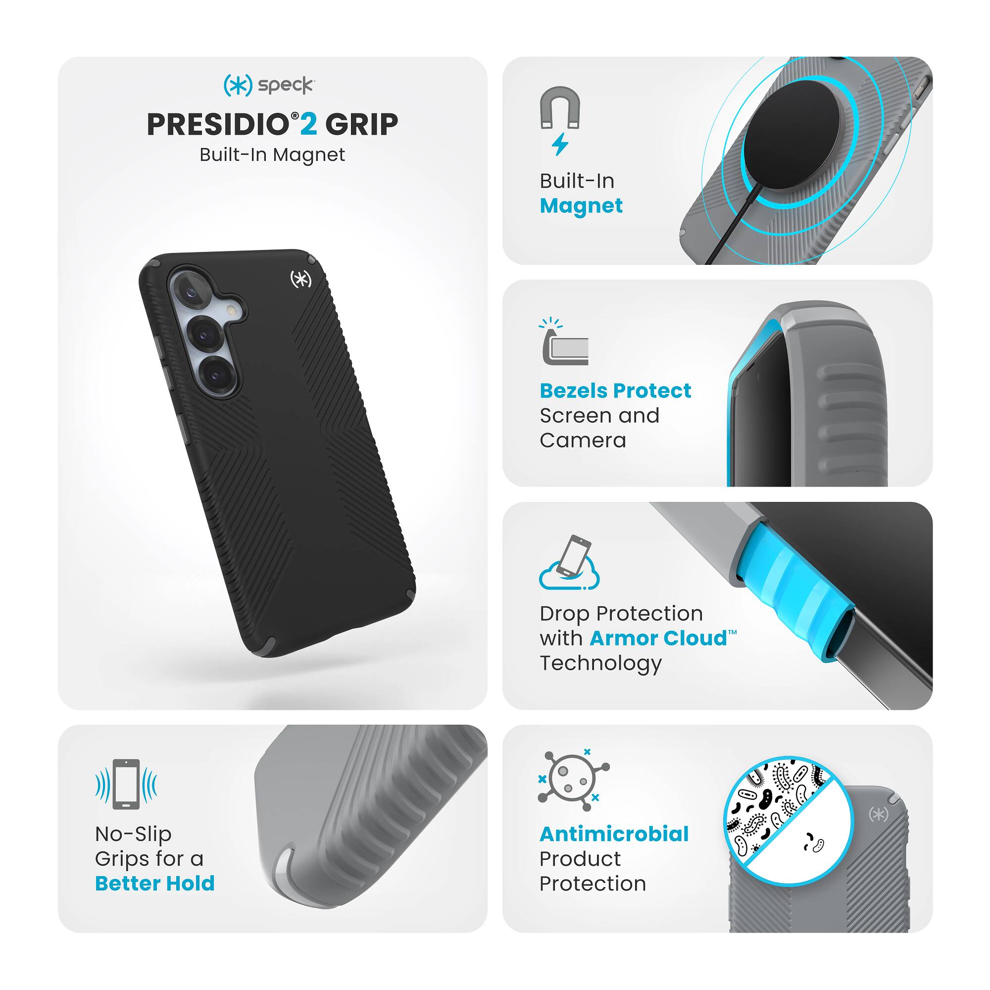 The text on the image is grouped and corrected as follows:

1. Speck Presidio 2 Grip: Built-In Magnet
2. Bezels Protect Screen and Camera
3. Drop Protection with Armor Cloud Technology
4. No-Slip Grips for a Better Hold
5. Antimicrobial Product Protection
6. K x Antimicrobial Product Protection
7. R