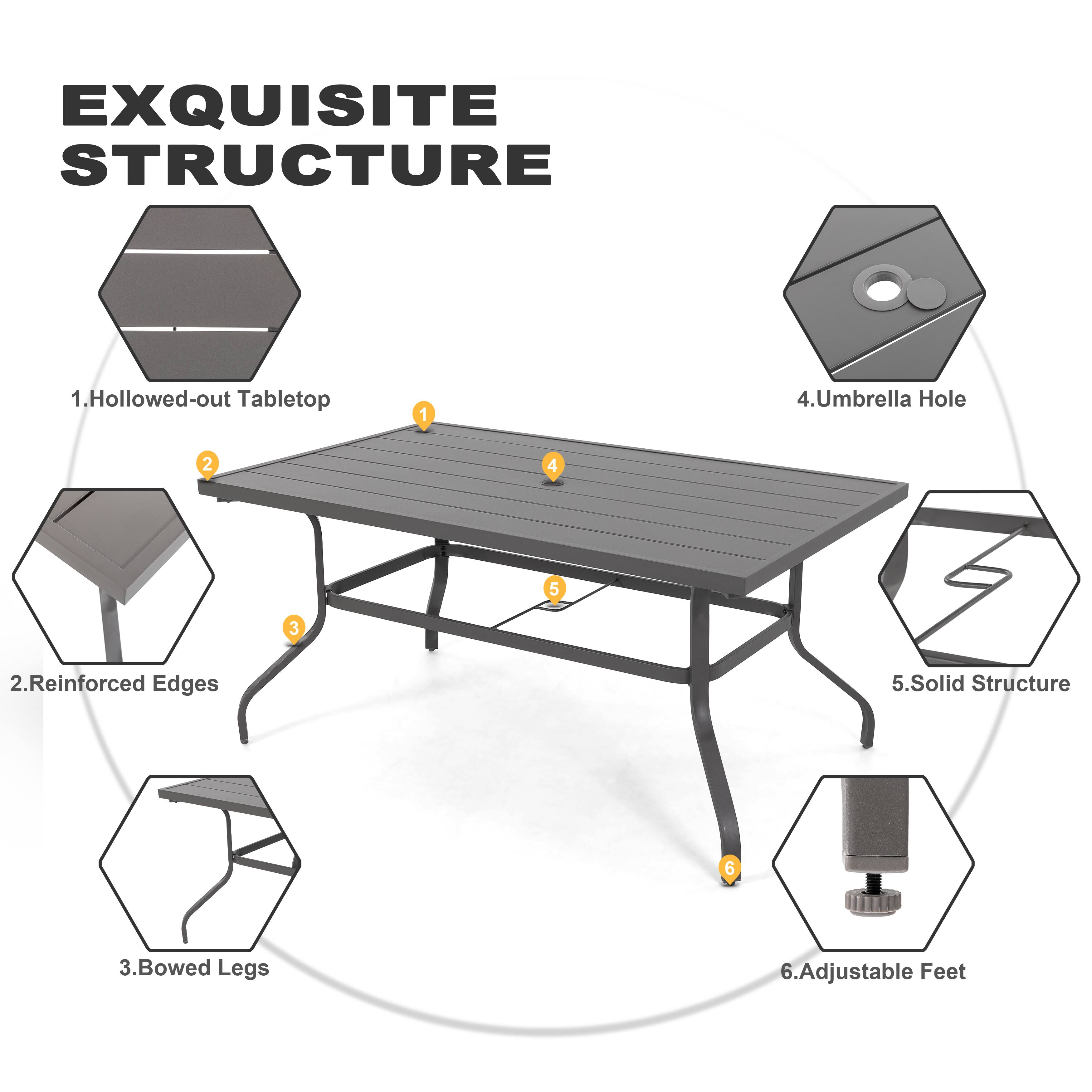 EXQUISITE STRUCTURE

1. Hollowed-out Tabletop
2. Reinforced Edges
3. Bowed Legs
4. Umbrella Hole
5. Solid Structure
6. Adjustable Feet