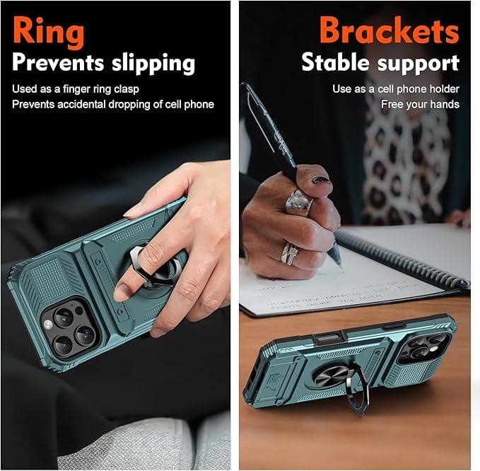 **Ring**  
Prevents slipping  
Used as a finger ring clasp  
Prevents accidental dropping of cell phone  

**Brackets**  
Stable support  
Use as a cell phone holder  
Free your hands