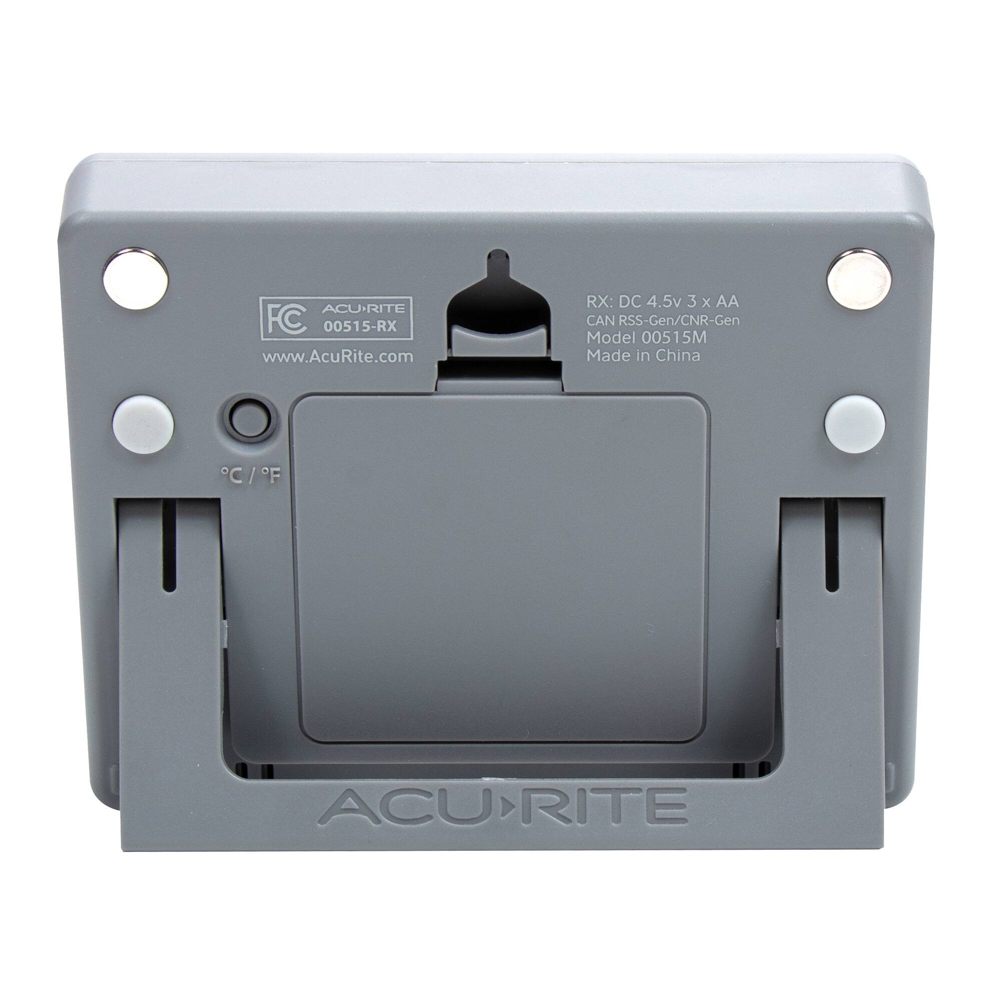 ACURITE FC 00515-RX  
www.AcRite.com  
RX: DC 4.5v 3 x AA  
CAN RSS-Gen/CNR-Gen  
Model 00515M  
Made in China  
C / F  
ACUIRIT RITE