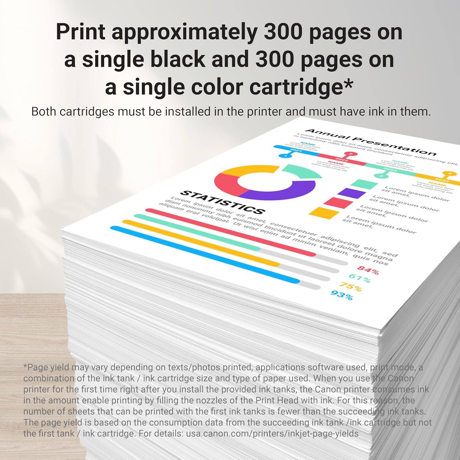Print approximately 300 pages on a single black and 300 pages on a single color cartridge*  
Both cartridges must be installed in the printer and must have ink in them.

Annual Presentation

STATISTICS

Lorem ipsum dolor sit amet, consectetur adipiscing elit.  
Lorem ipsum dolor sit amet, consectetur adipiscing elit.  
Lorem ipsum dolor sit amet, consectetur adipiscing elit.  
Lorem ipsum dolor sit amet, consectetur adipiscing elit.

84% 61% 75% 93%

*Page yield may vary depending on texts/photos printed, applications software used, print mode, a combination of the ink tank / ink cartridge size and type of paper used. When you use the Canon printer for the first time right after you install the provided ink tanks, the Canon printer consumes ink in the amount enable printing by filling the nozzles of the Print Head with ink. For this reason, the number of sheets that can be printed with the first ink tank is fewer than the succeeding ink tanks. The page yield is based on the consumption data from the succeeding ink tank / ink cartridge but not from the first tank / ink cartridge. For details: usa.canon.com/printers/inkjet-page-yields