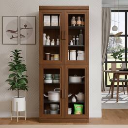 PexFix - 72" Kitchen Pantry Cabinet, Oak Freestanding Storage Cabinet with Glass Doors and Adjustable Shelves for Dining Room - Walnut