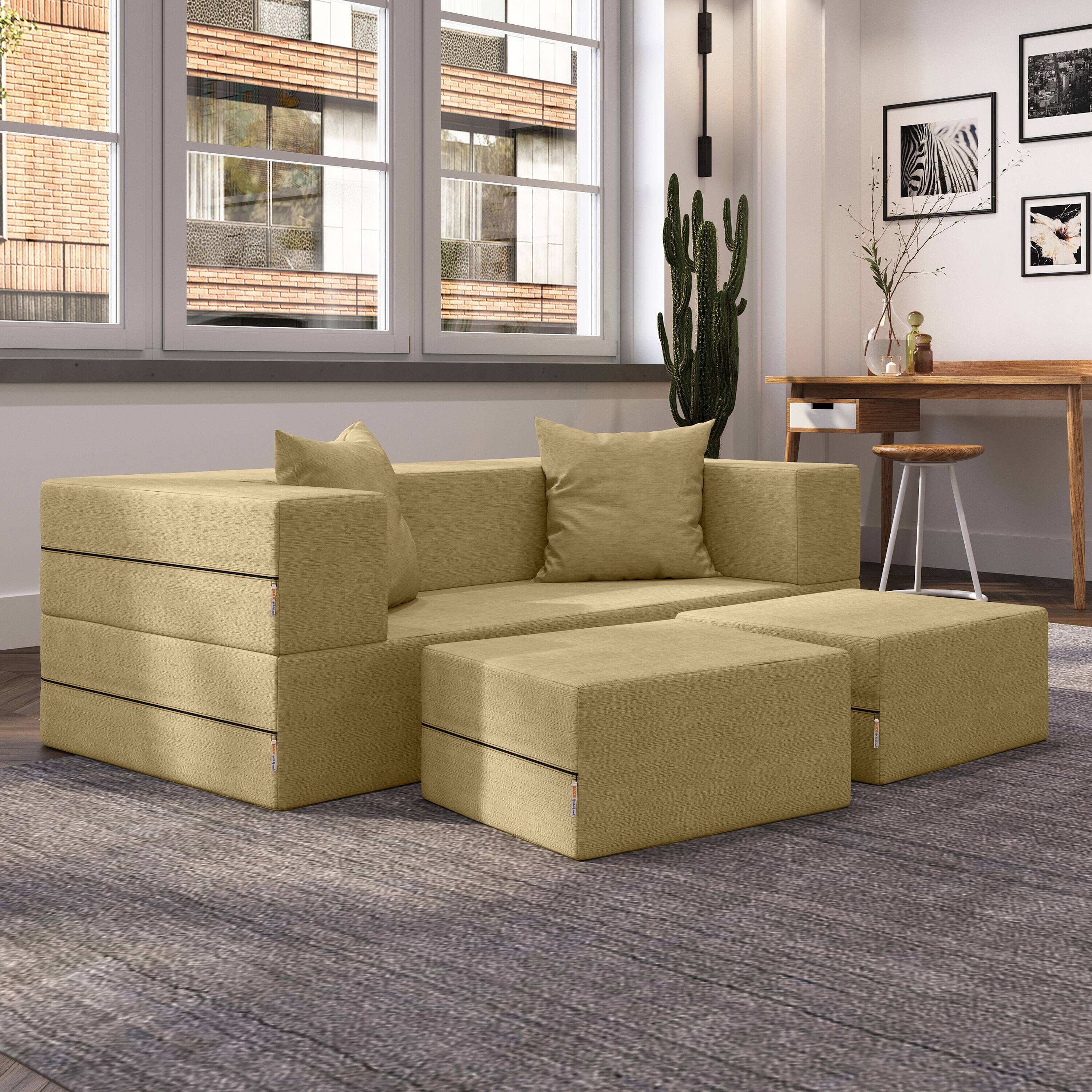 Left. Jaxx - Jaxx Zipline Convertible Sleeper Loveseat & Ottomans, Textured Microvelvet - Camel - Camel.