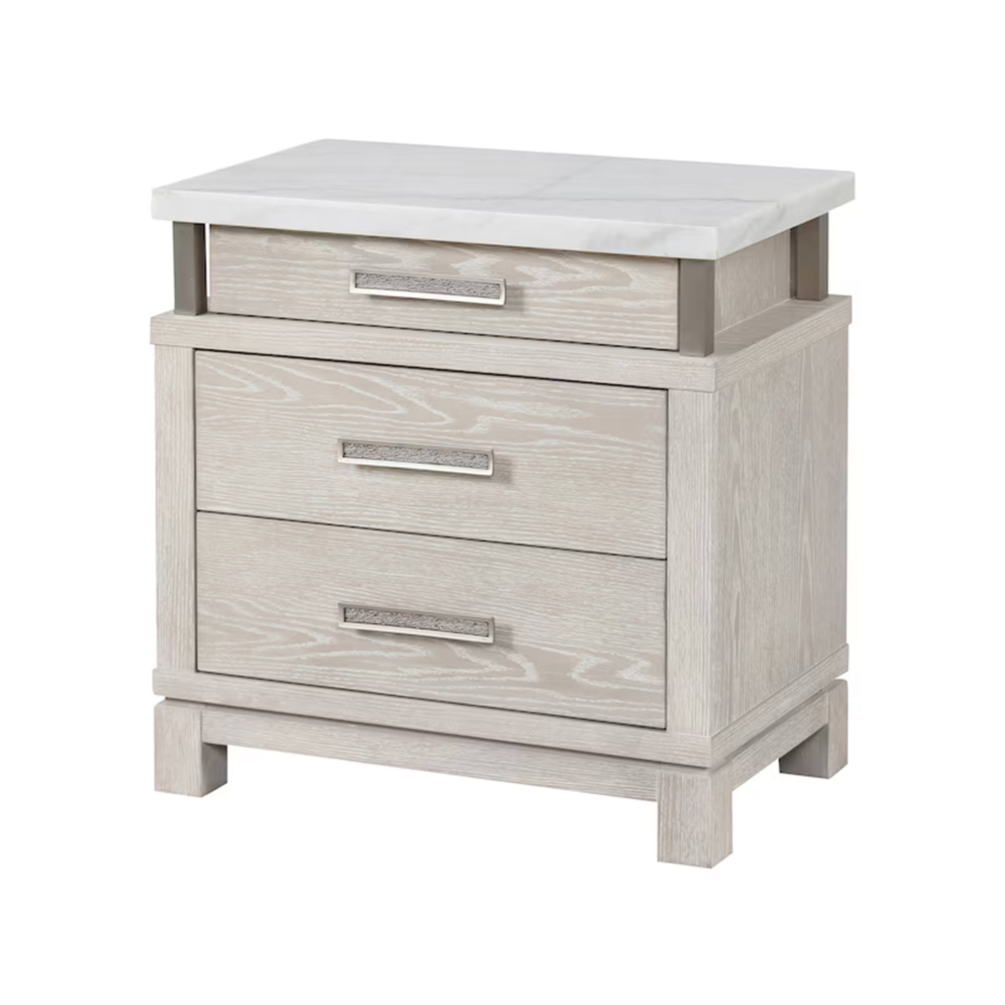 Manhattan Lane - Loji Nightstand, 3 Drawers, White Marble Top, 29 Inch - Gray, White, Silver