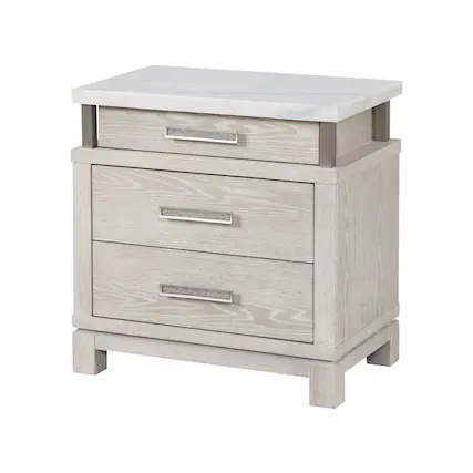 Front. Manhattan Lane - Loji Nightstand, 3 Drawers, White Marble Top, 29 Inch - Gray, White, Silver.