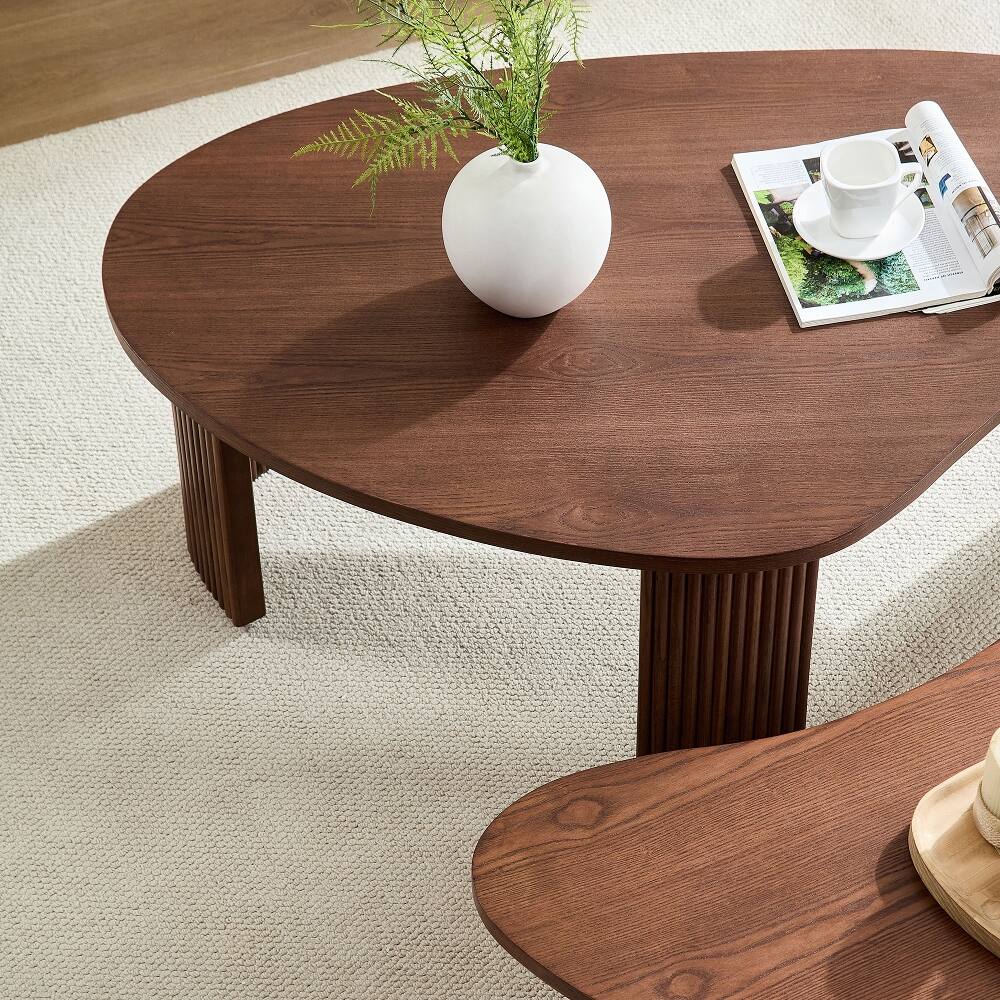Alt View 4. Loheer - Loheer 2-Piece Modern Irregular Shape Coffee Table Set Walnut Nesting End Tables - Walnut.