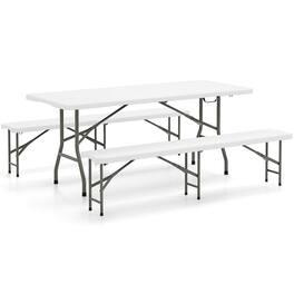 Gymax - 3 PCS Folding Picnic Table Set w/ 6 ft Table & 2 Benches HDPE Tabletop Bench Top Coffee - White
