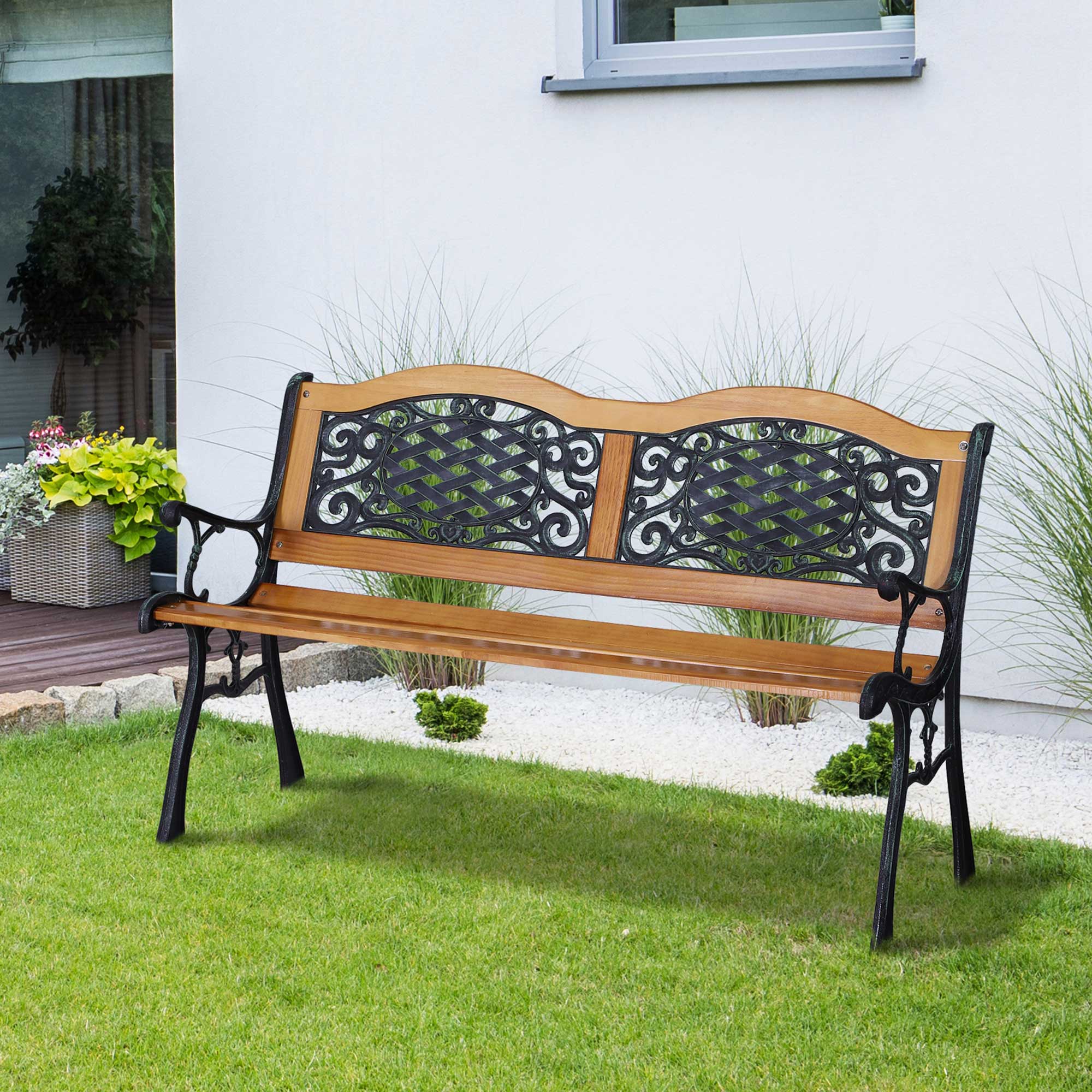 Alt View 1. Outsunny - Outdoor Garden Bench, Park Patio Bench Loveseat, Wood & Metal Frame with Plastic Flourish Backrest - Teak.