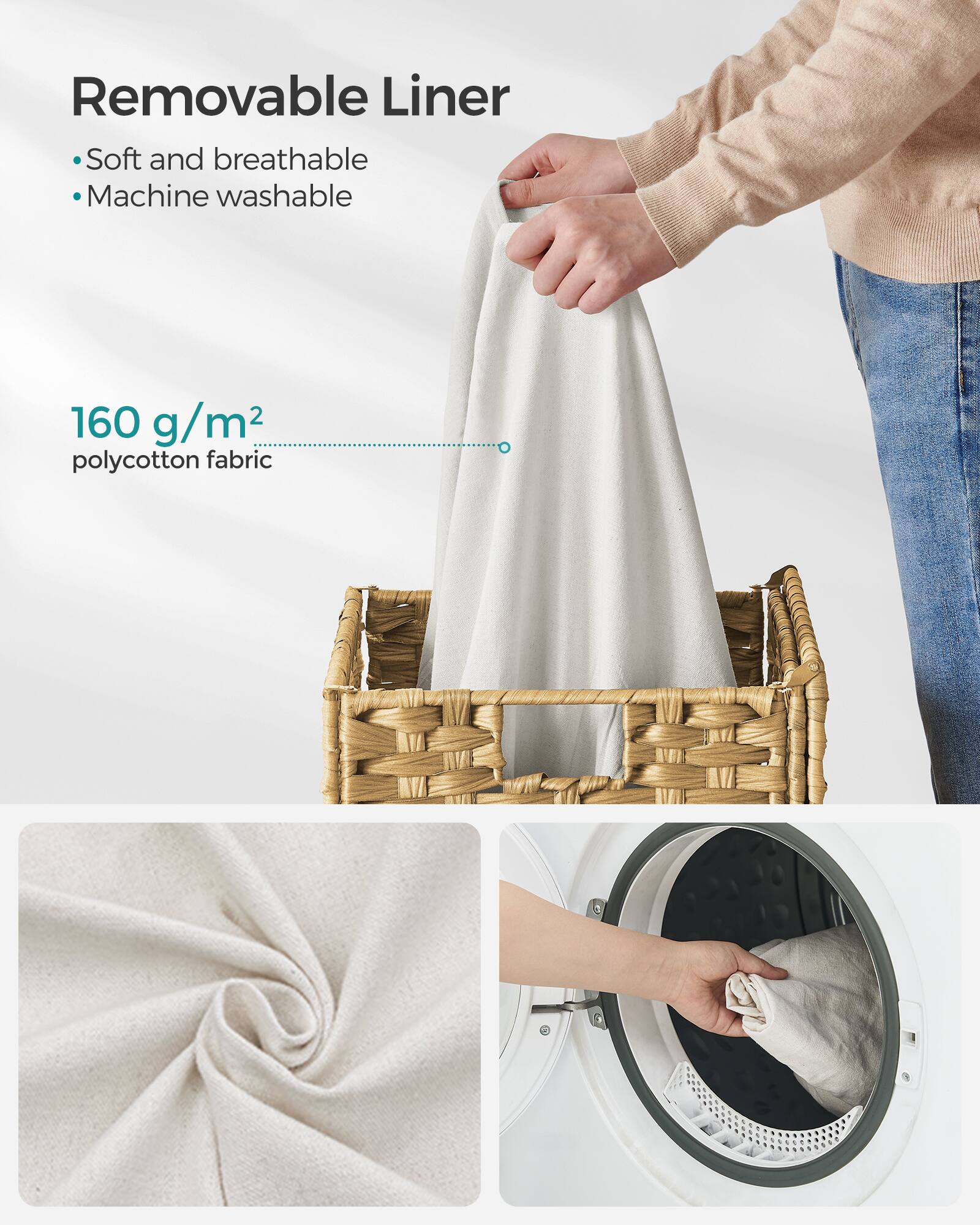 Removable Liner  
- Soft and breathable  
- Machine washable  

160 g/m² polycotton fabric