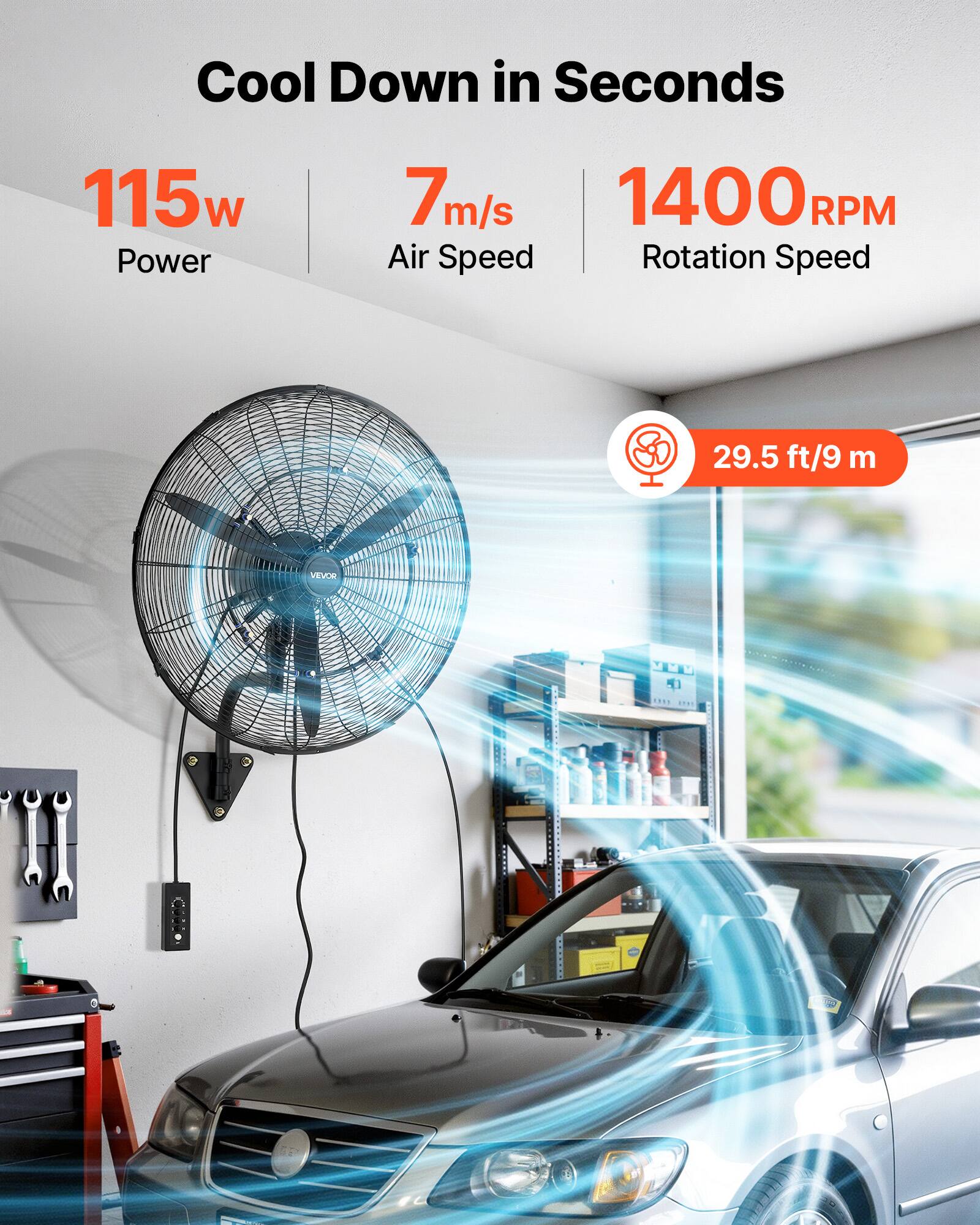 Cool Down in Seconds  
115w Power  
7m/s Air Speed  
1400 RPM Rotation Speed  
29.5 ft/9 m