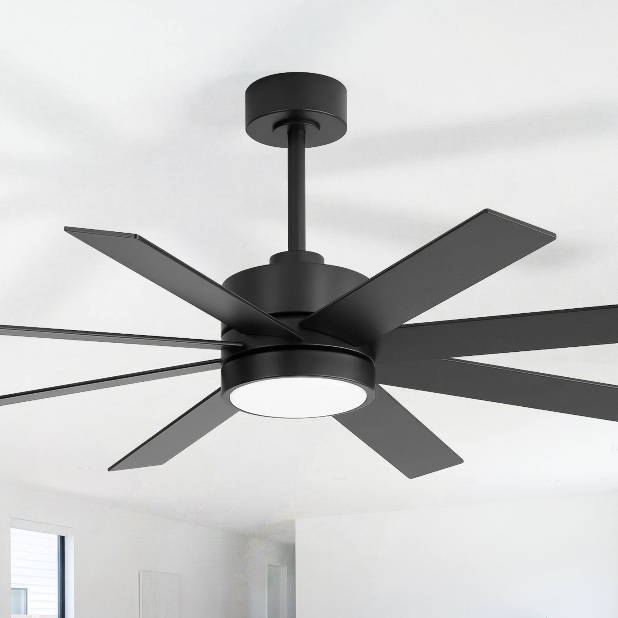 Back. Breezary - 52-Inch Ceiling Fan with LED Light, 8 Blades, 6-Speed Remote, Tri-Color Dimmable Light, Acrylic Shade, Downrod Mount - Black and Walnut.