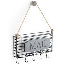 Dapper Styles - Mail Holder Rustic Organizer Wall Mount Hanging Sorter Letter Basket With 5 Key For Carbonized - Weathered Grey-Large