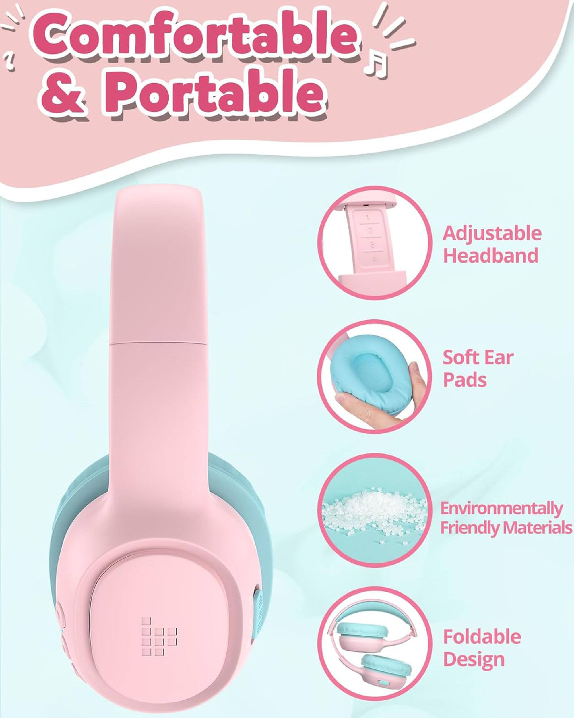Comfortable & Portable: Adjustable Headband, Soft Ear Pads, Environmentally Friendly Materials, Foldable Design.