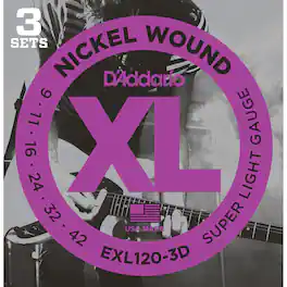 D'Addario - EXL120 XL Nickel Wound Electric Guitar Strings Set, Super Light, 09-42 Gauge, 3-Pack