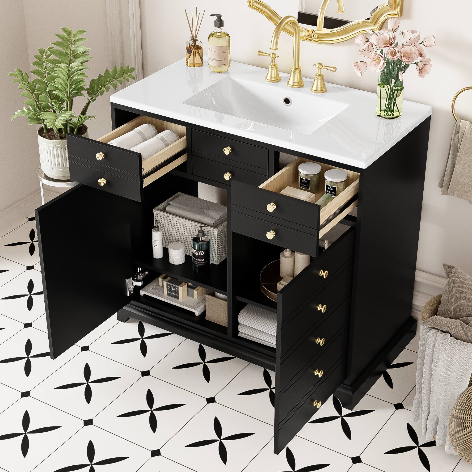 Tiramisubest - 36" Bathroom Vanity with Ceramic Sink Combo, Bathroom Storage Cabinet, Freestanding Vanity Set with 2 Drawers - Black