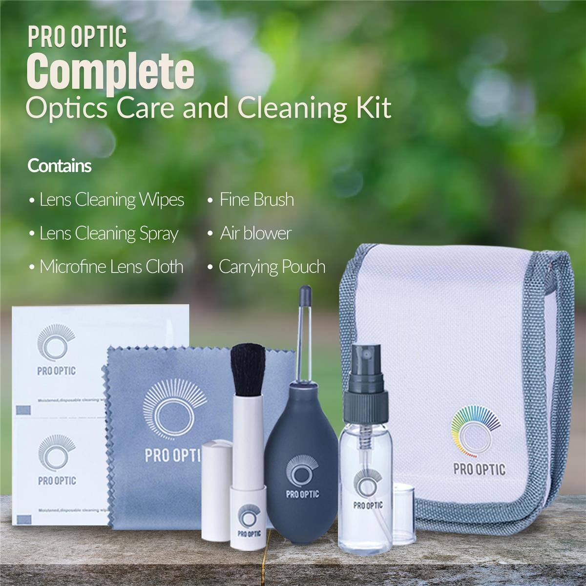 PRO OPTIC Complete Optics Care and Cleaning Kit Contains Lens Cleaning Wipes Lens Cleaning Spray Microfine Lens Cloth Fine Brush Air blower Carrying Pouch