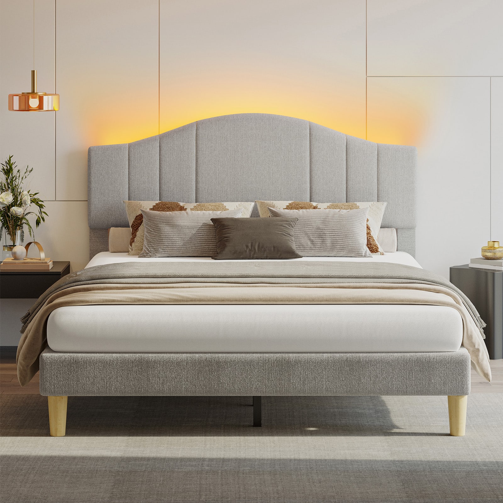 Back. Pinmoco - Pinmoco - Upholstered Platform Bed Frame with Adjustable LED Arc Headboard - Fabric Gray.