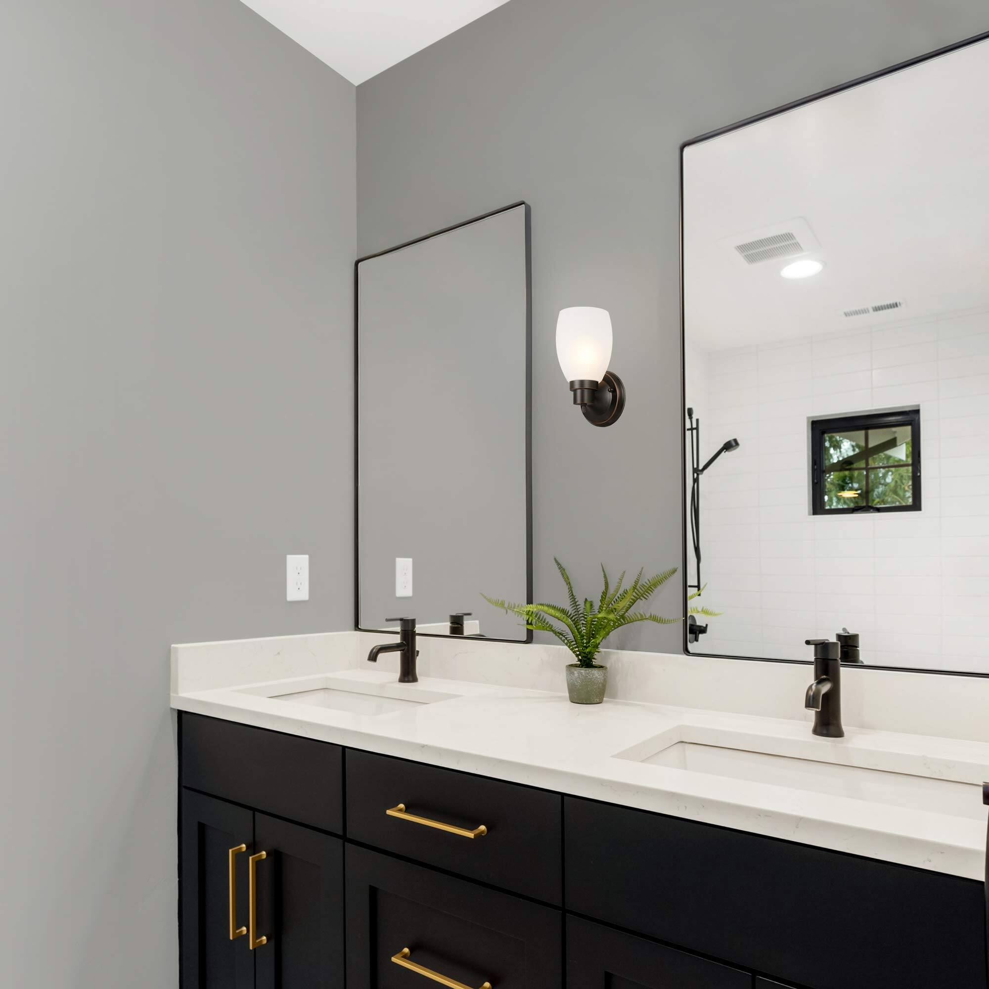 Alt View 3. Earthley Blooms - Lydia Wall Sconce Oil Rubbed Bronze Finish Frosted Glass Shade Dimmable With Twist On off For Hallway Foyer - Matte Black Frosted White Glass.