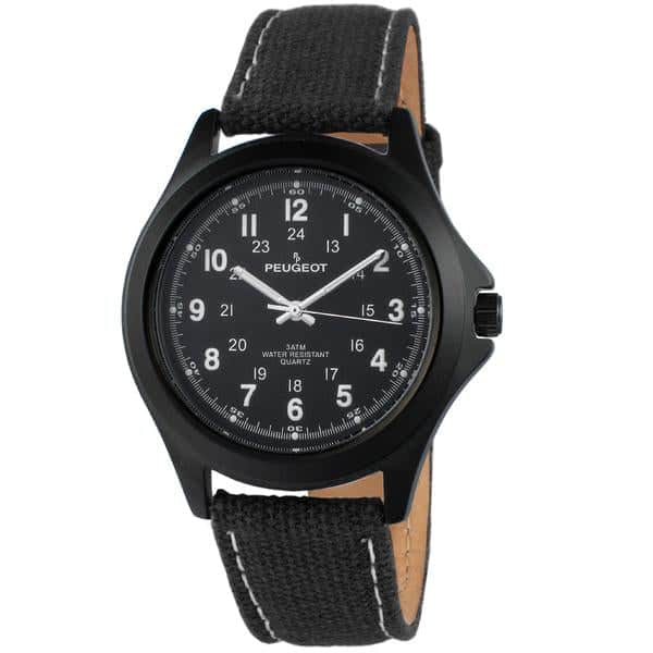 Peugeot - Men's 40mm Military Dial Sport Watch with Canvas Strap - Black