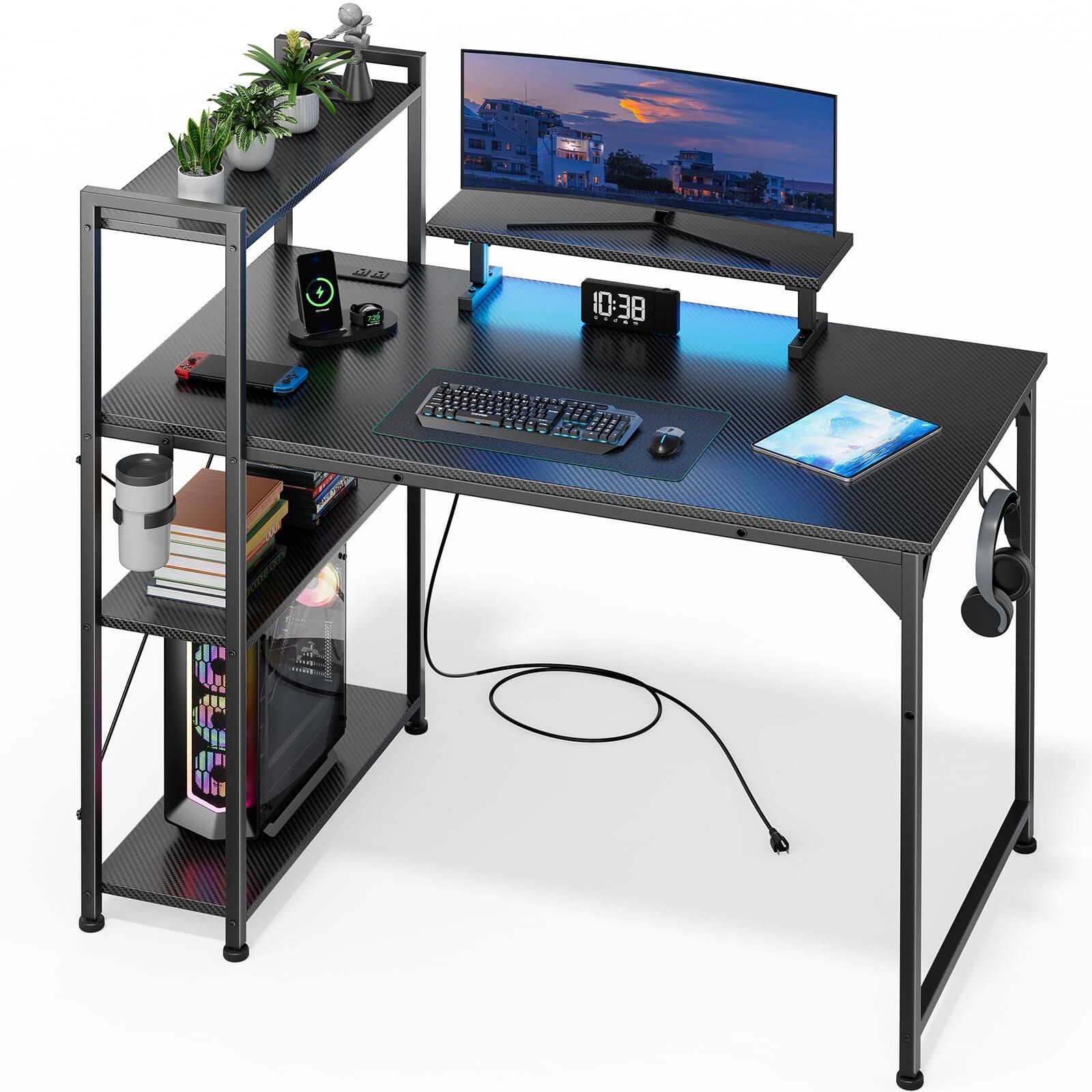 Front. Hirose Alice - Gaming Desk With Led Light  Computer Reversible Storage Shelves And Power Outlets For Home Office 【Gaming Desk - 47 inch.