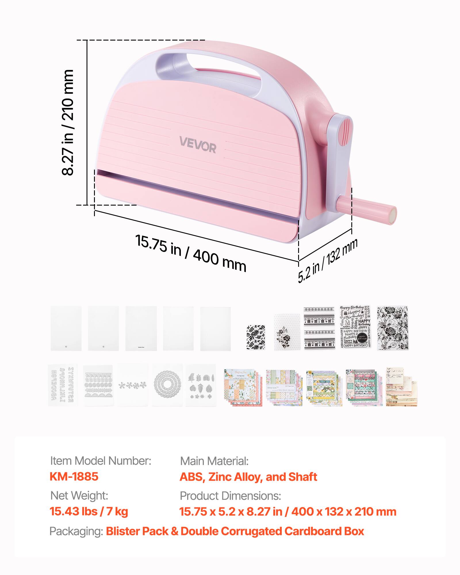 mm 210 / in 8.27 VEVOR 15.75 in I 400 mm 132 mm in / 5.2 HAFT nhng MT APPY HNET  ABODEFON IJKLMHOPA

Item Model Number: KM-1885  
Main Material: ABS, Zinc Alloy, and Shaft  
Net Weight: 15.43 lbs / 7 kg  
Product Dimensions: 15.75 x 5.2 x 8.27 in / 400 x 132 x 210 mm  
Packaging: Blister Pack & Double Corrugated Cardboard Box
