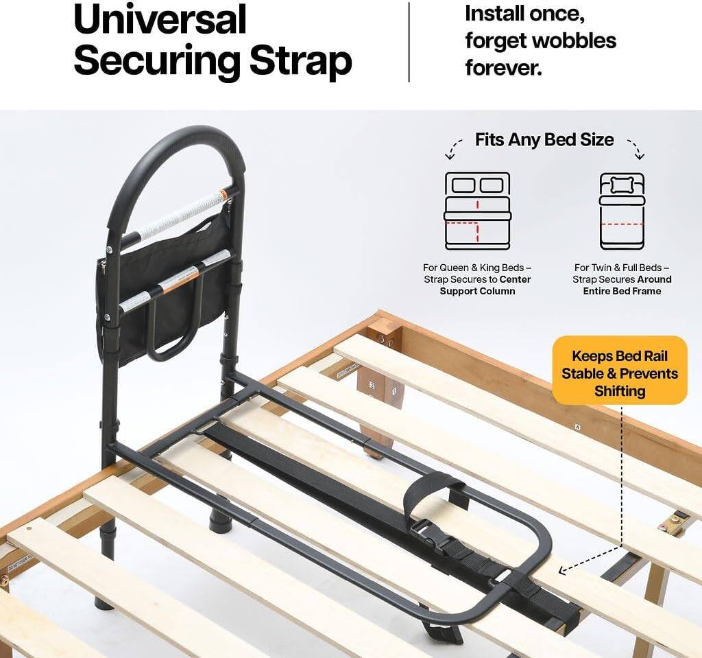 Universal Securing Strap  
Install once, forget wobbles forever.  

Fits Any Bed Size  
- For Queen & King Beds: Strap Secures to Center Support Column  
- For Twin & Full Beds: Strap Secures Around Entire Bed Frame  

Keeps Bed Rail Stable & Prevents Shifting
