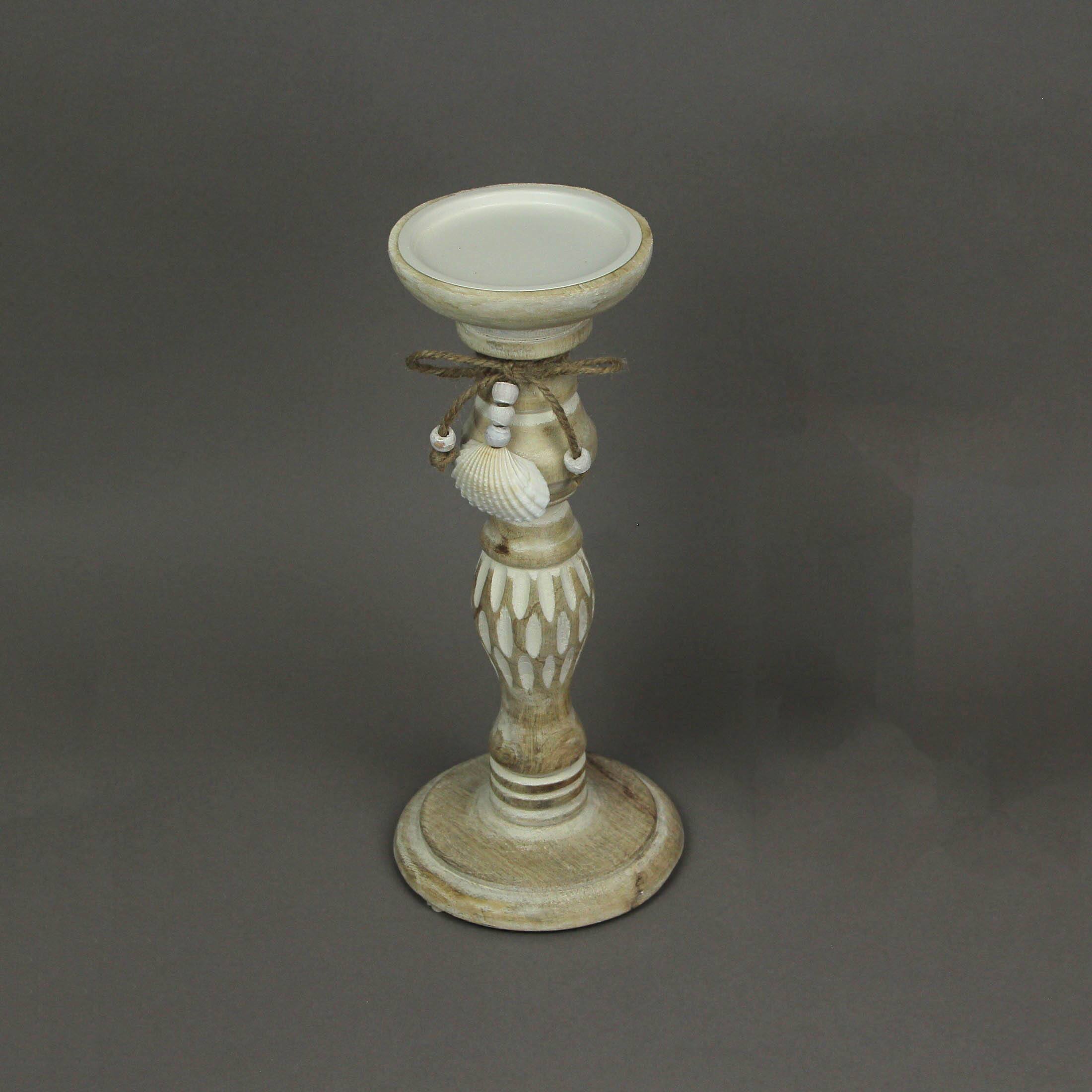 Alt View 1. PD Home & Garden - 11 Inch Wood Pedestal Candle Holder Rustic White Washed Pillar With Sea Shells - Tan.