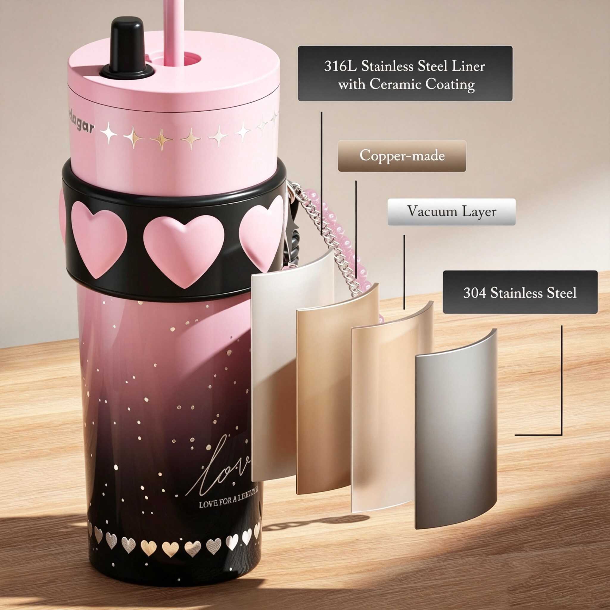 Magar

316L Stainless Steel Liner with Ceramic Coating
Copper-made
Vacuum Layer
304 Stainless Steel

LOVE FOR A LIFETIME