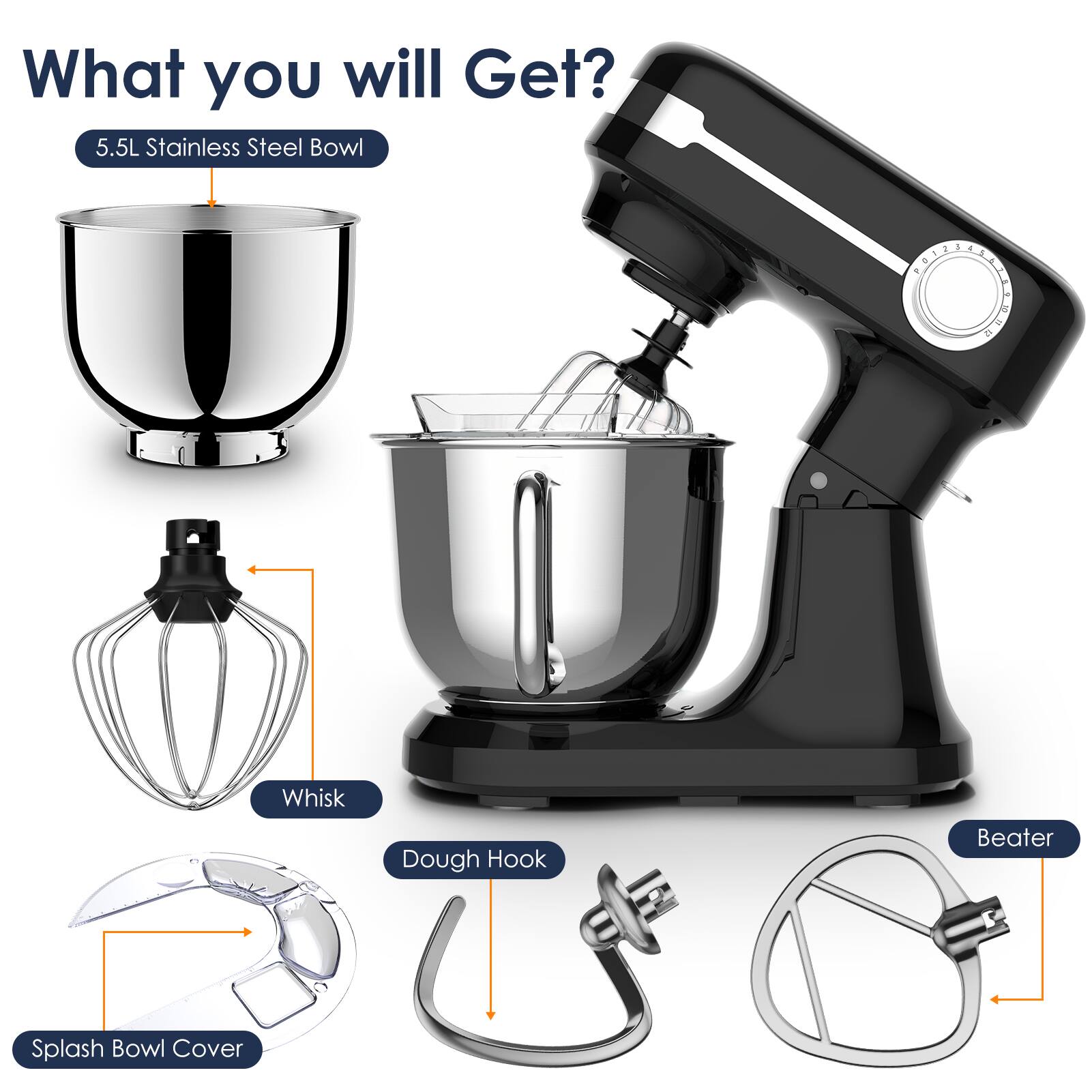 What you will Get?  
5.5L Stainless Steel Bowl  
Whisk  
Dough Hook  
Beater  
Splash Bowl Cover