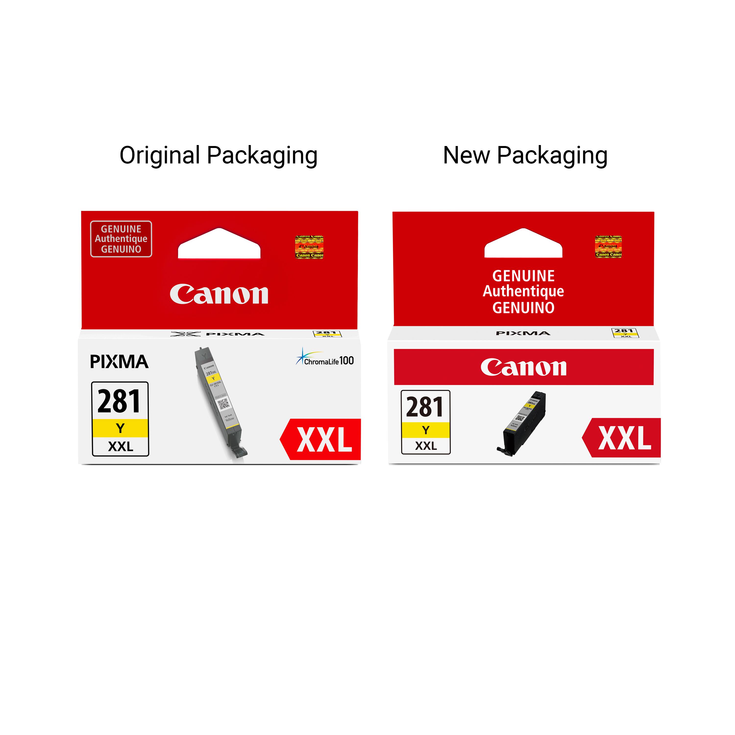 Original Packaging  
New Packaging  

GENUINE Authentique GENUINO  
Canon  

PIXMA  
281 Y XXL  
ChromaLife 100  

XXL
