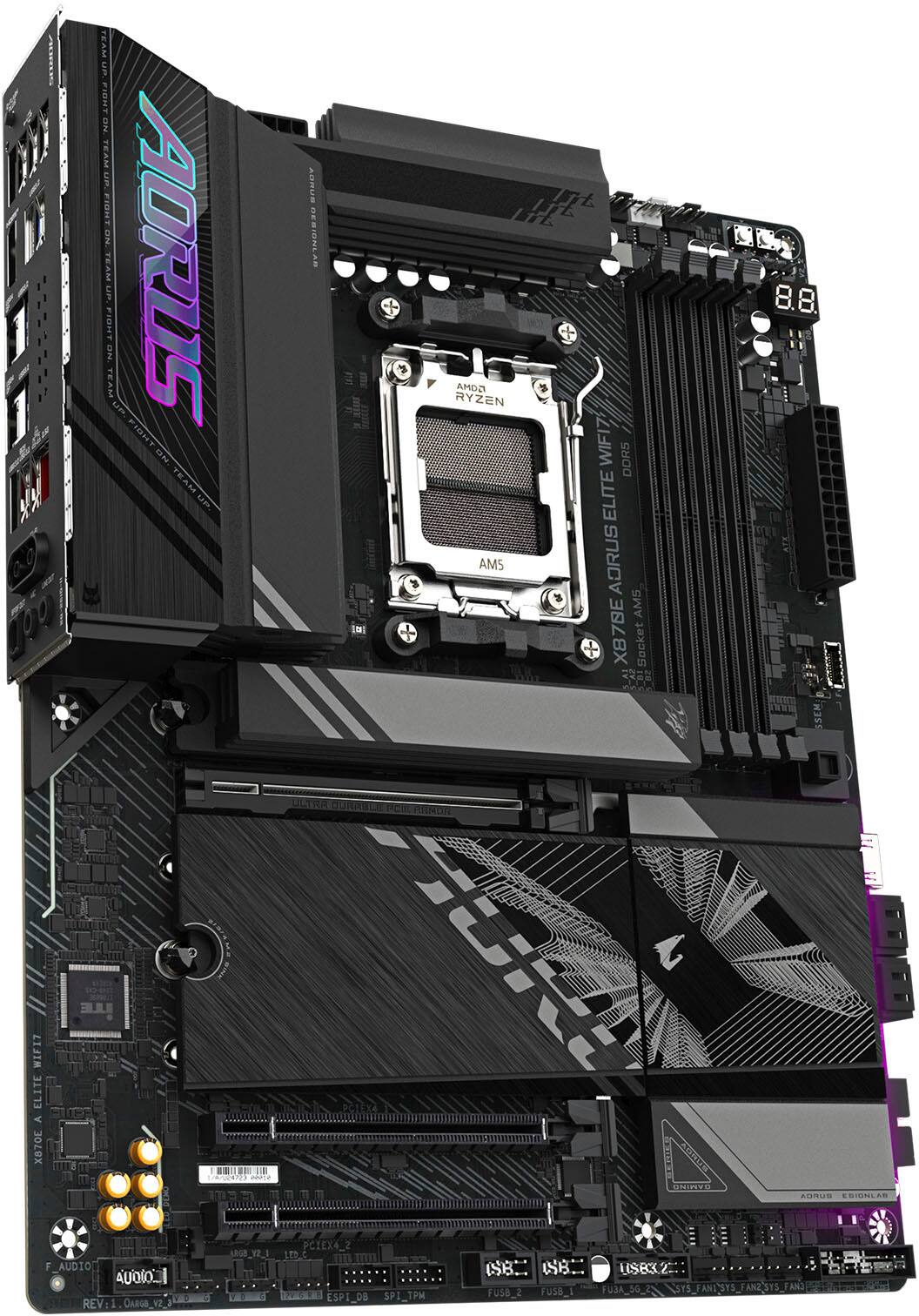 Aorus is a brand of computer hardware, including motherboards, graphics cards, and other components. The image shows the back of an Aorus motherboard, which is designed for the AMD Ryzen processor. The motherboard features a black and purple color scheme, and it is equipped with Wi-Fi and Bluetooth capabilities. The image also shows the back of a computer case, which is designed to hold the motherboard and other components.