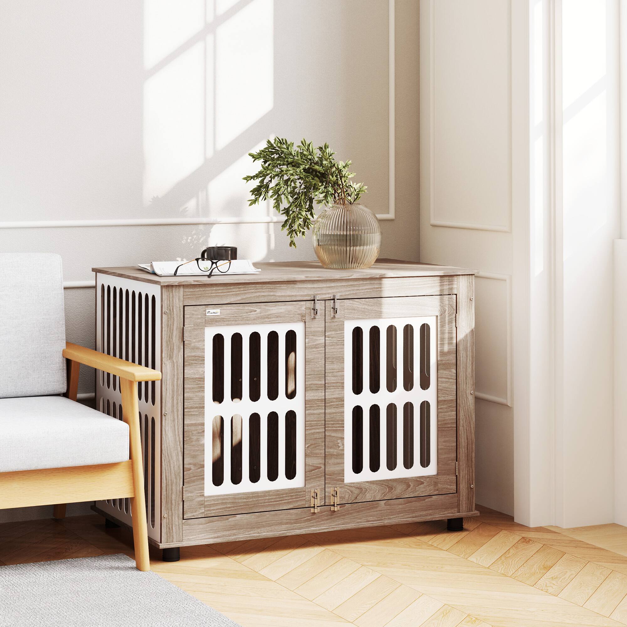 Alt View 5. Pawhut - Dog Crate Furniture, 39" Dog Kennel Side Table, 2 Doors, Non-slip Foot Mats, Decorative, Large Dogs.