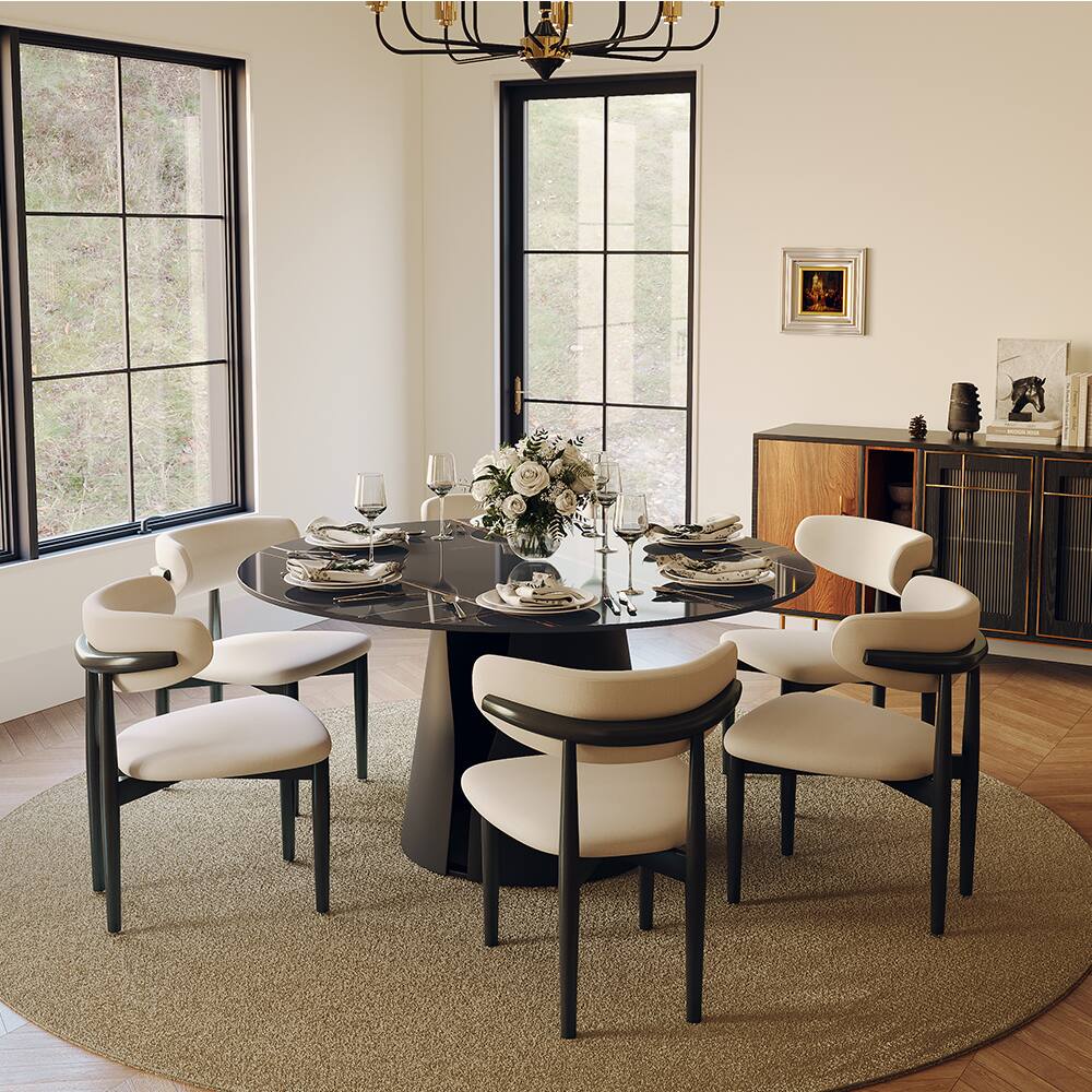 Left. POVISON - 59" Modern Round Kitchen Dining Table for 6, Glossy Pandora Sintered Stone Tabletop with Solid Bronze Carbon Steel Base - Pandora & Bronze Steel Base.