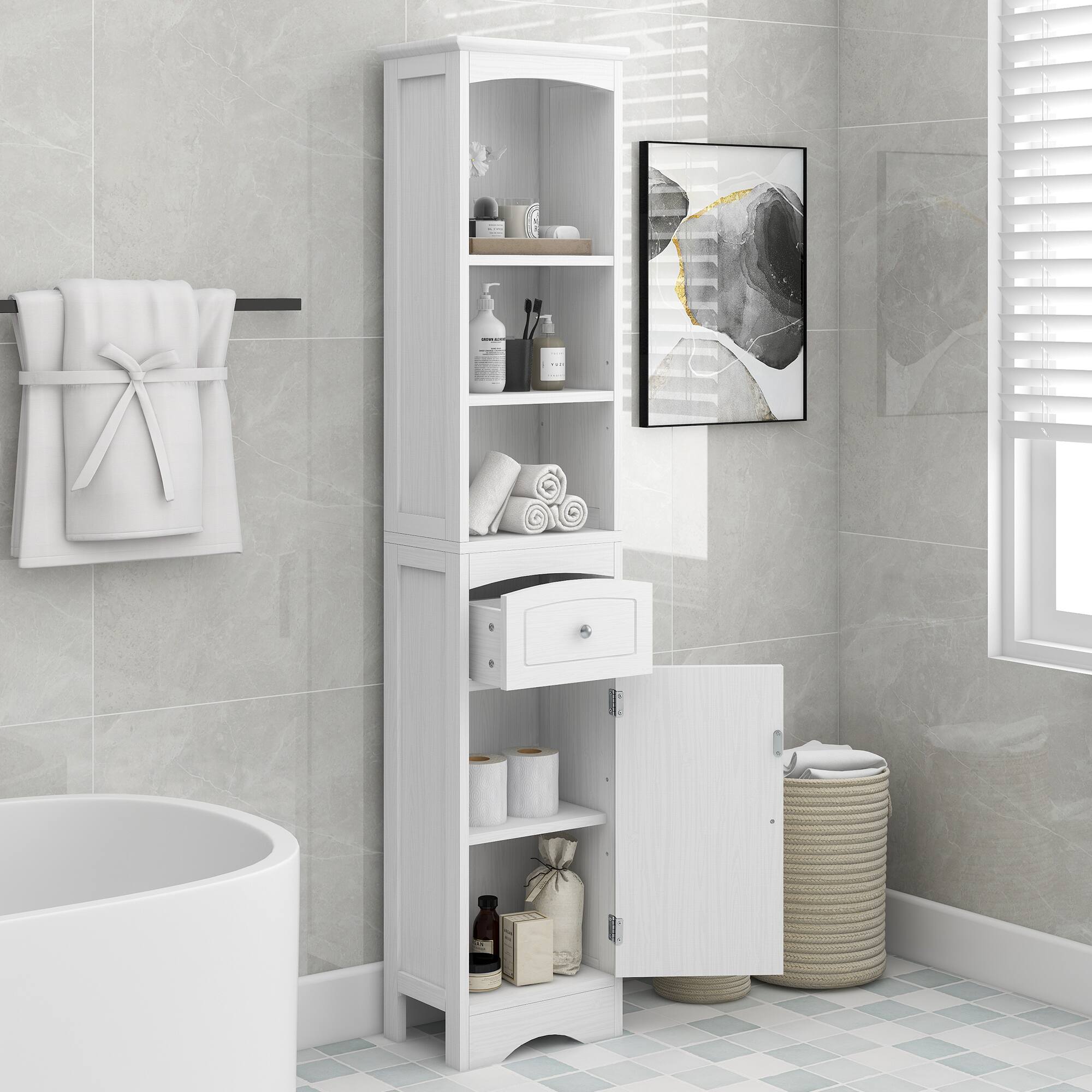 Alt View 1. Ecooso - Tall Freestanding Bathroom Cabinet with Drawer, MDF Board, Adjustable Shelf - White.