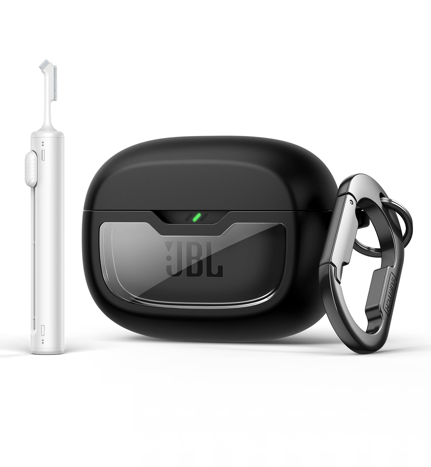 Angle. SURITCH - Headphone Case for JBL Vibe Beam/JBL Vibe Beam 2/ JBL Vibe 200TWS Earbuds with Carabiner,  Shockproof Magnetic Bumper - Black.