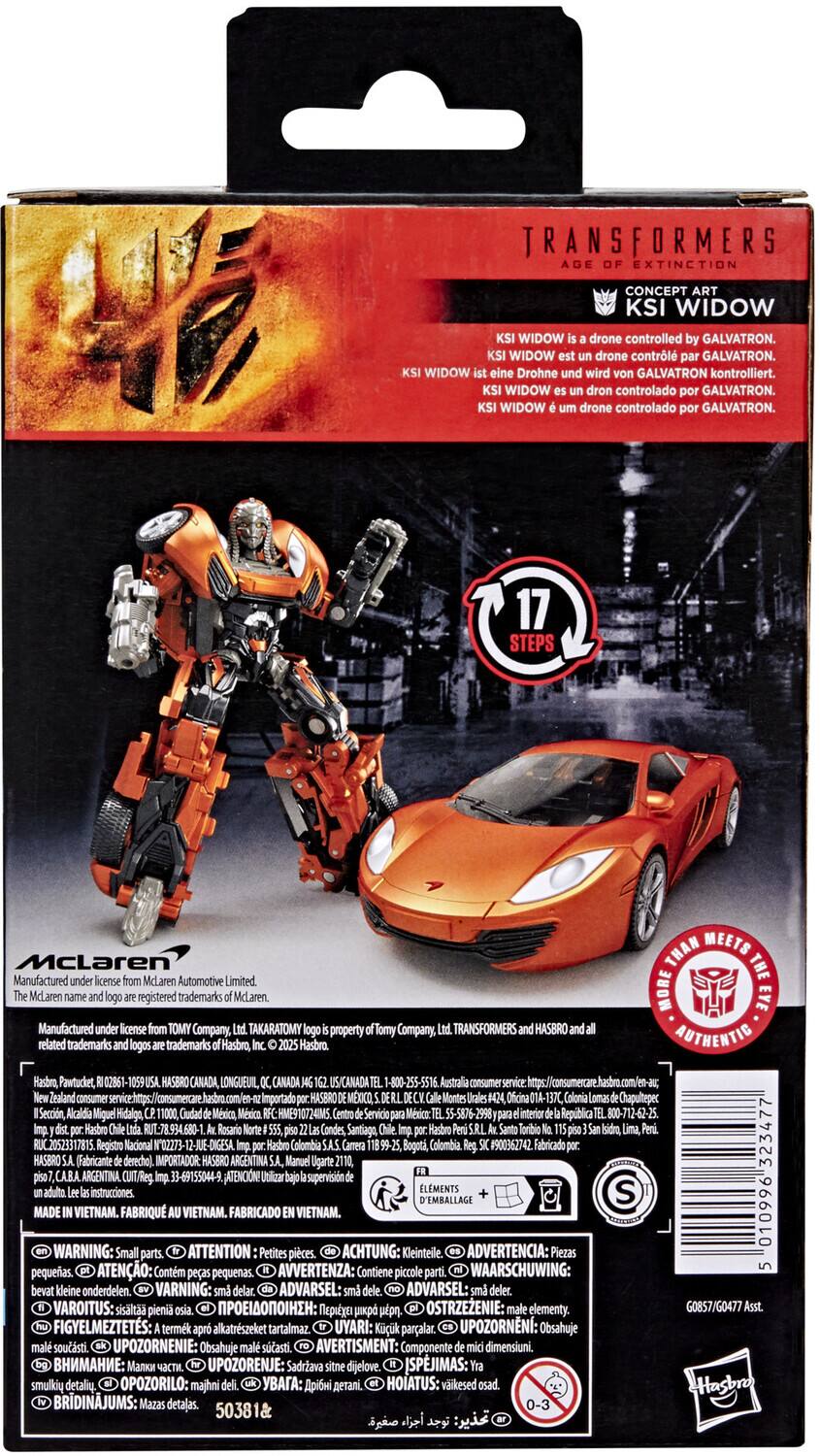 TRANSFORMERS  
AGE OF EXTINCTION  

KSI WIDOW  
KSI WIDOW is a drone controlled by GALVATRON.  
KSI WIDOW ist ein Drohne und wird von GALVATRON kontrolliert.  
KSI WIDOW est un drone contrôlé par GALVATRON.  
KSI WIDOW è un drone controlato da GALVATRON.  
KSI WIDOW is een drone gecontroleerd door GALVATRON.  
KSI WIDOW is un dron controlado por GALVATRON.  

17 STEPS  

McLaren  
The McLaren and logo are trademarks of McLaren Automotive Limited.  
Manufactured under license from McLaren Automotive Limited.  
McLaren registered trademarks McLaren.  
Manufactured license TOMY Company.  
TAKARATOMY property of Tomy Company.  
TRANSFORMERS HASBRO related trademarks logos trademarks Hasbro, Hasbro.  
Hasbro, Pawtucket, HASBRO CANADA, LONGUEUIL CANADA CANADA -800-255-5516  
Australia consumer service: Zealand consumer service.  
https://consumercare  
Importado HASBRO