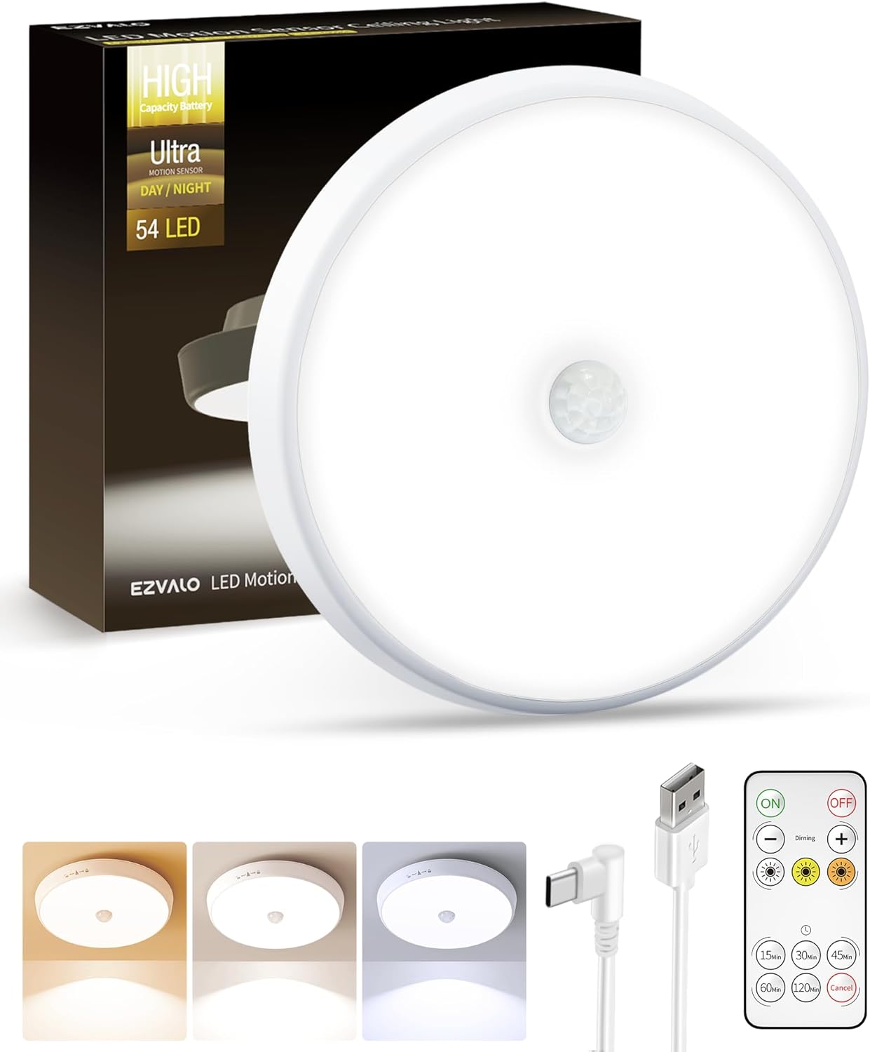 Sure, here is the corrected and grouped text from the image:
---
**EZVALO LED Motion Sensor**
- **HIGH Capacity Battery**
- **Ultra MOTION SENSOR**
- **DAY / NIGHT**
- **54 LED**
**Features:**
- Dimming
- 15 min
- 30 min
- 45 min
- 60 min
- 120 min
- Cancel
**ON / OFF**
---
This text is organized to reflect the product's features and settings as shown in the image.