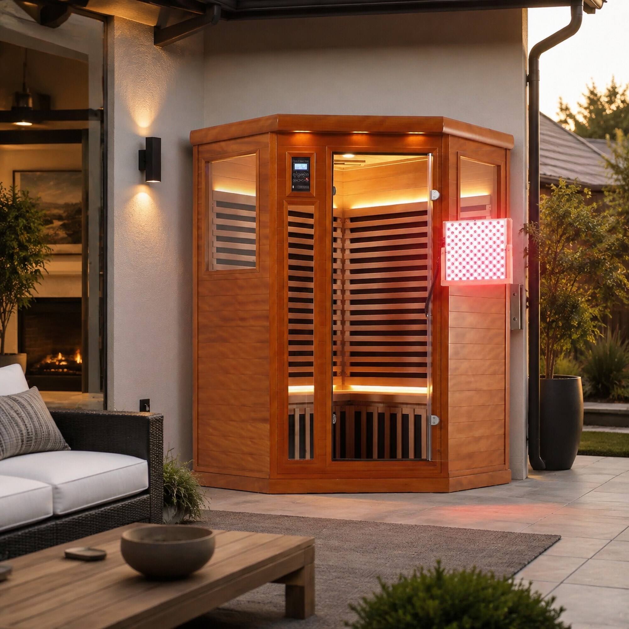 Left. RYHNUYNE - Two-Person Far Infrared Corner Sauna, Low EMF, Okoume Wood, LCD Touch Control, 2190W - Natural.