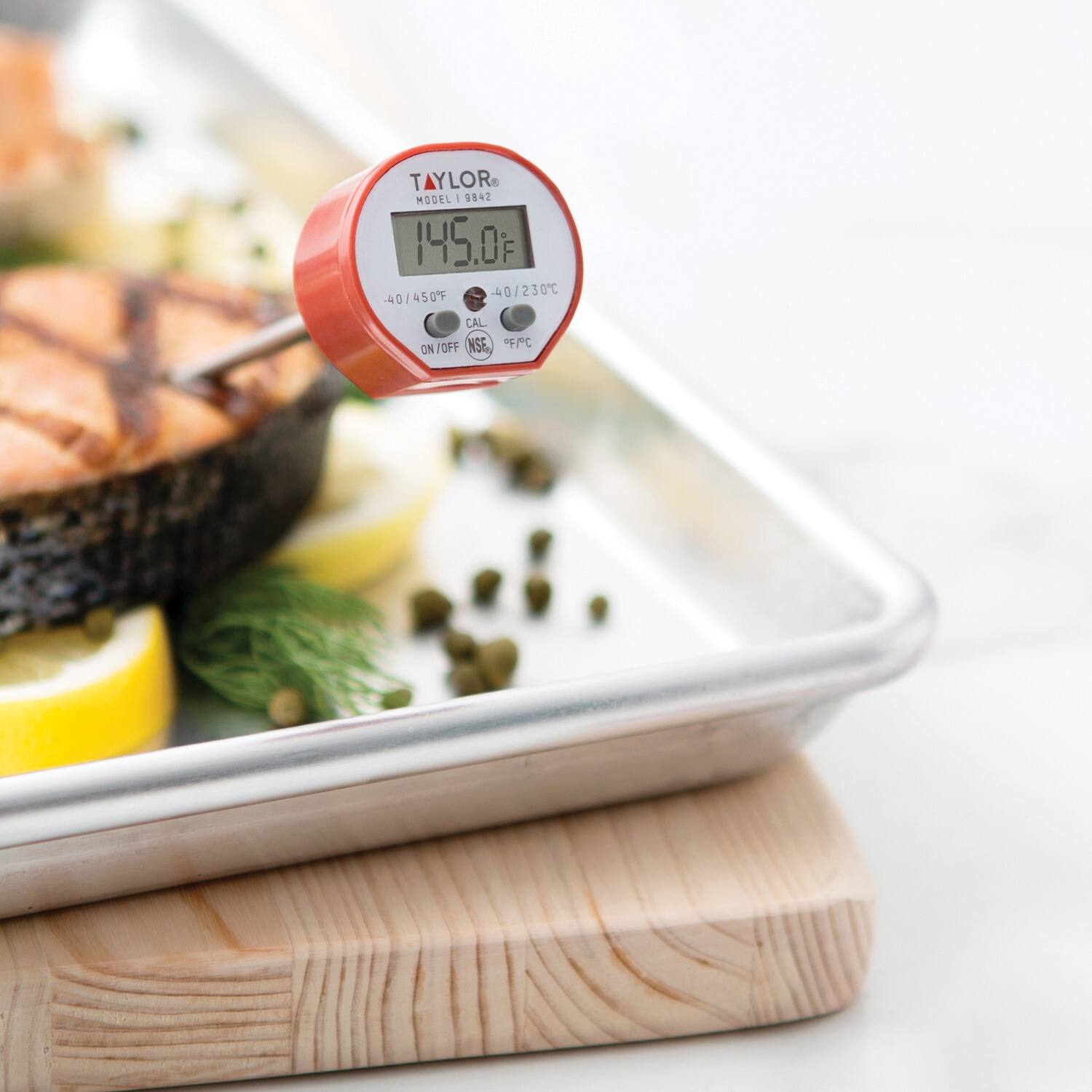 TAYLOR MODEL 1842  
145.0°F  
-40/450°F  
-40/230°C  
CAL  
ON/OFF  
NSE  
°F/°C