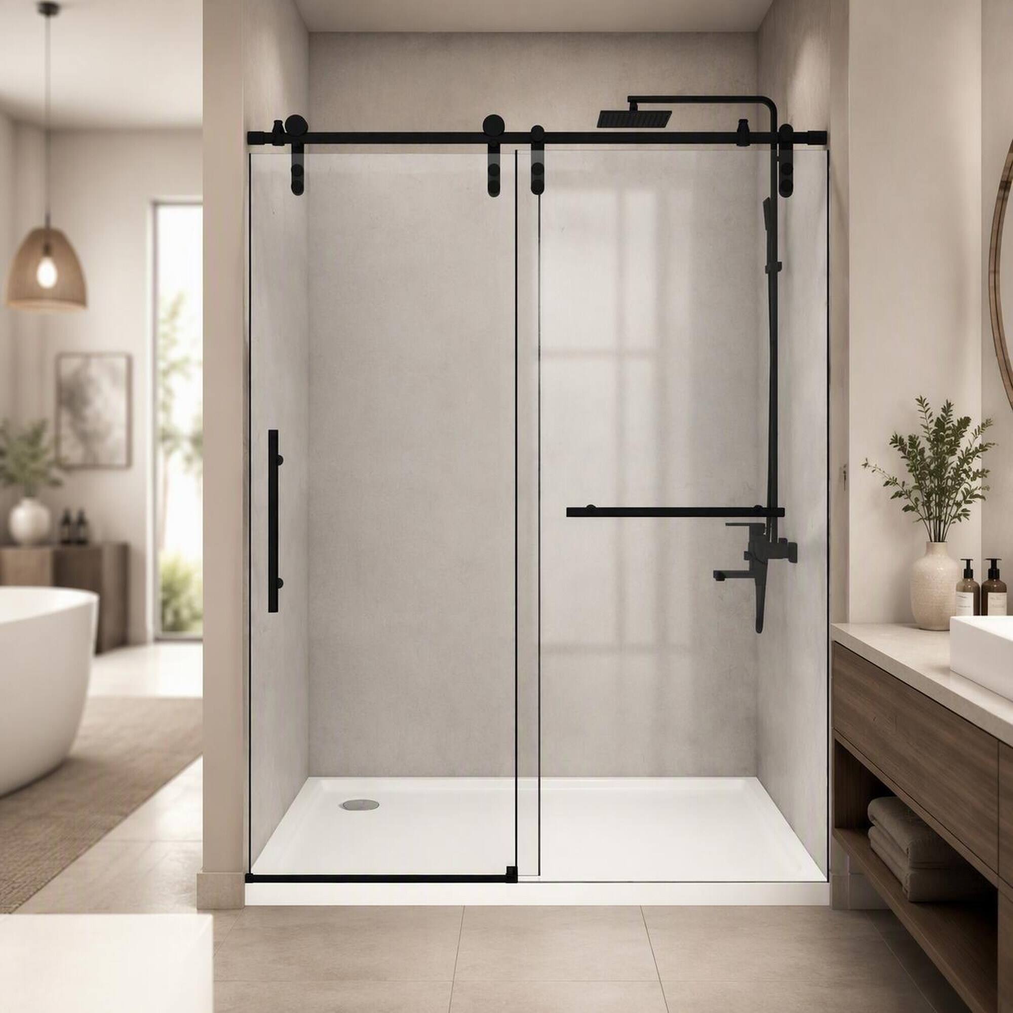 Front. RYHNUYNE - 56-60 In X 76 In H Frameless Sliding Shower Door, 5/16 In Clear Tempered Glass Matte Black Finish - Matte Black.