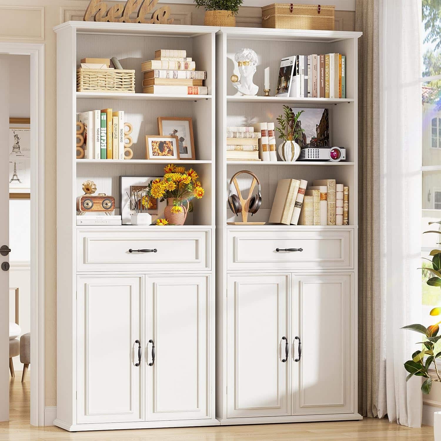 Aheaplus - 80'' Tall Bookcase with Drawer and Cabinet, Floor Standing Bookcase with 3-Tier Storage Shelves, 2-Piece Set - White