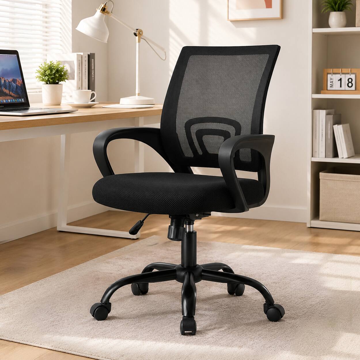 Angle. Sweet - Office Desk Chair, Mid-Back Swivel Ergonomic Chair with Lumbar Support, Rocking Mode, Height Adjustable for Home, Office - Black.