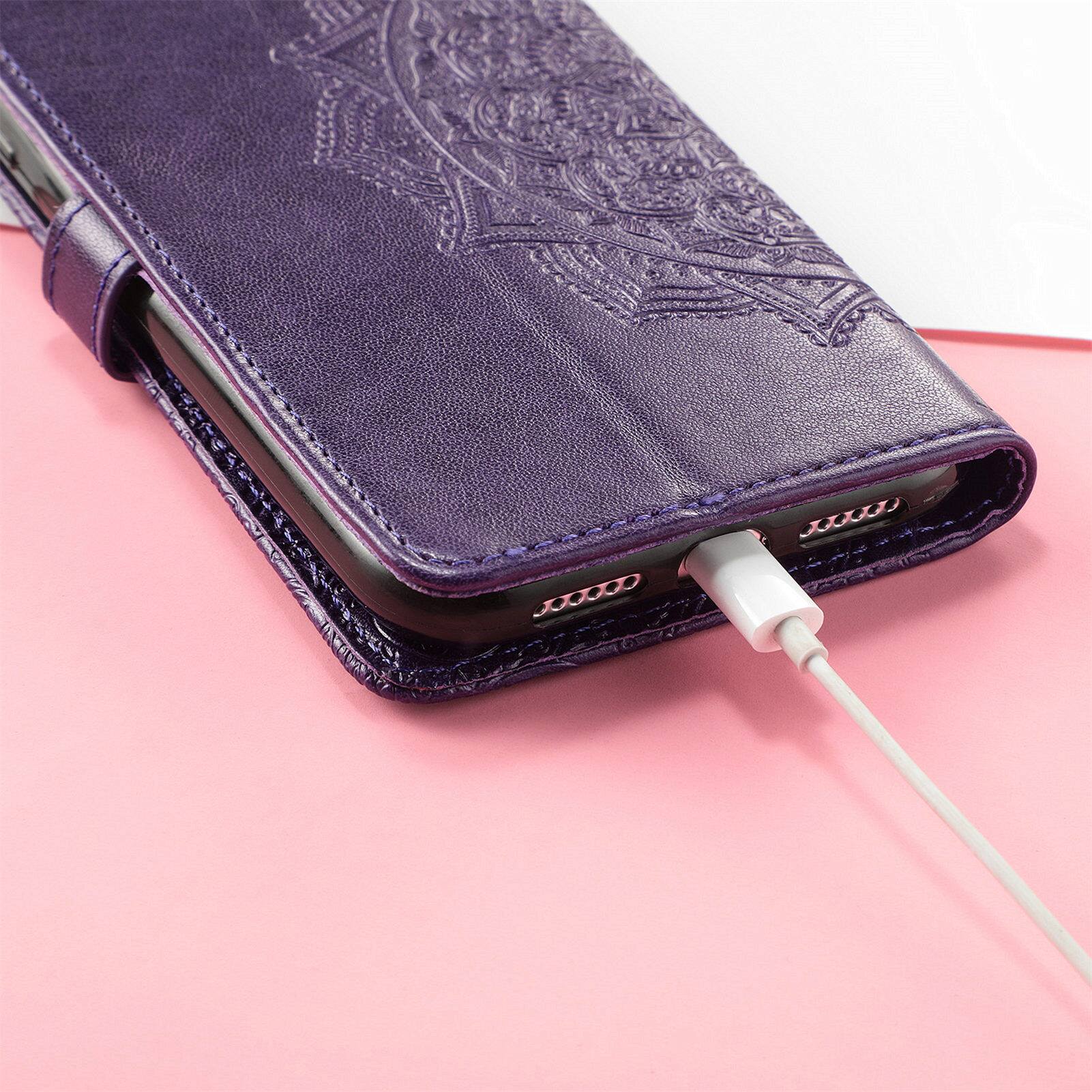Back. Dteck - Magnetic Wallet Case For Apple iPhone 17E/16E, Shockproof Card Slots Stand Flip Phone Protective Cover with Hand Strap - Purple.
