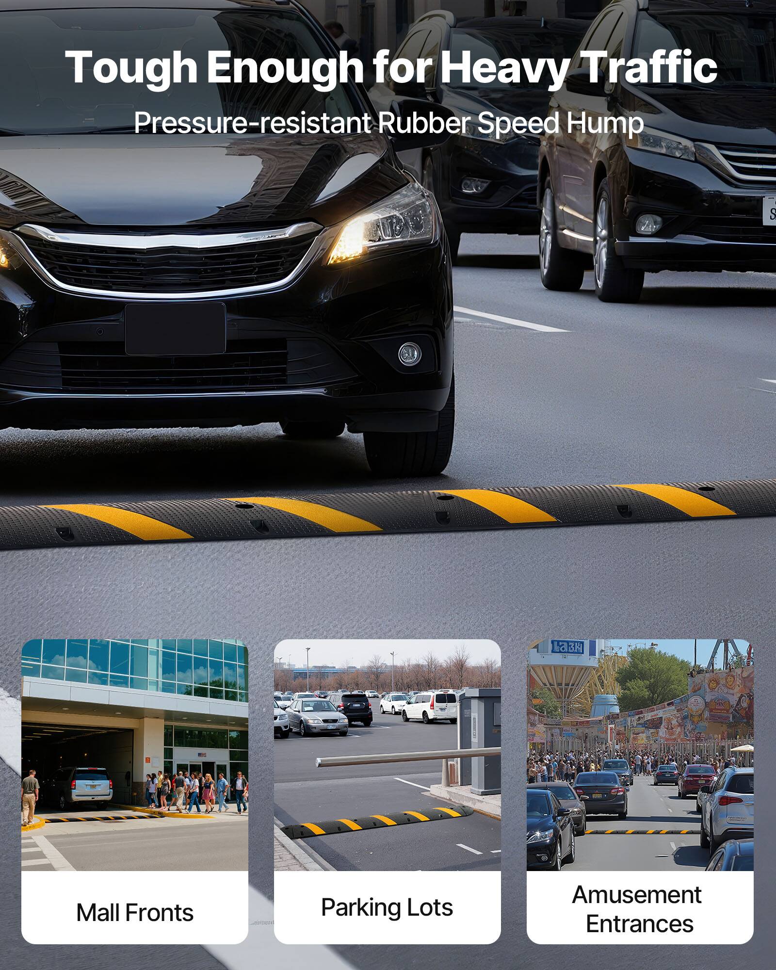 Tough Enough for Heavy Traffic  
Pressure-resistant Rubber Speed Hump  

Mall Fronts  
Parking Lots  
Amusement Entrances