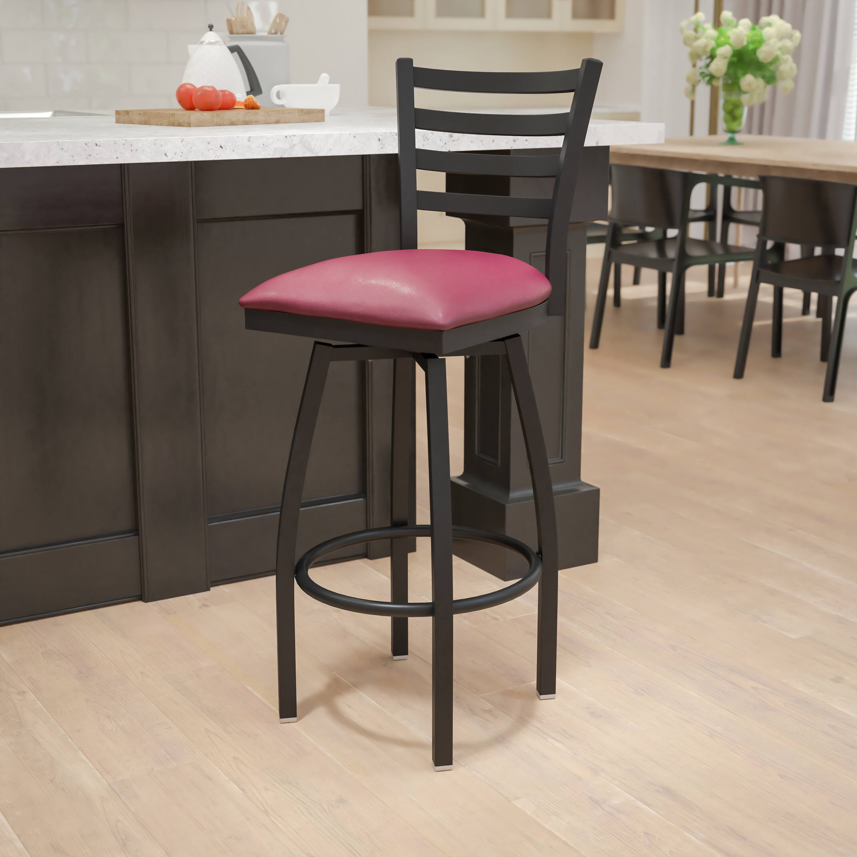 Alt View 1. Emma + Oliver - Ladder Back Swivel Metal Restaurant Dining Barstool - Burgundy Vinyl Seat/Black Metal Frame.