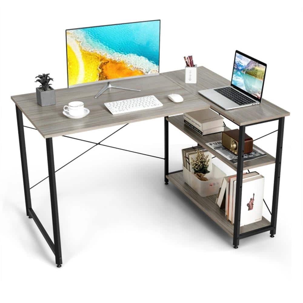 Pefilos - 48" Reversible L-Shaped Computer Desk with Adjustable Shelf, Small Home Office Desk Study Writing Table - Gray