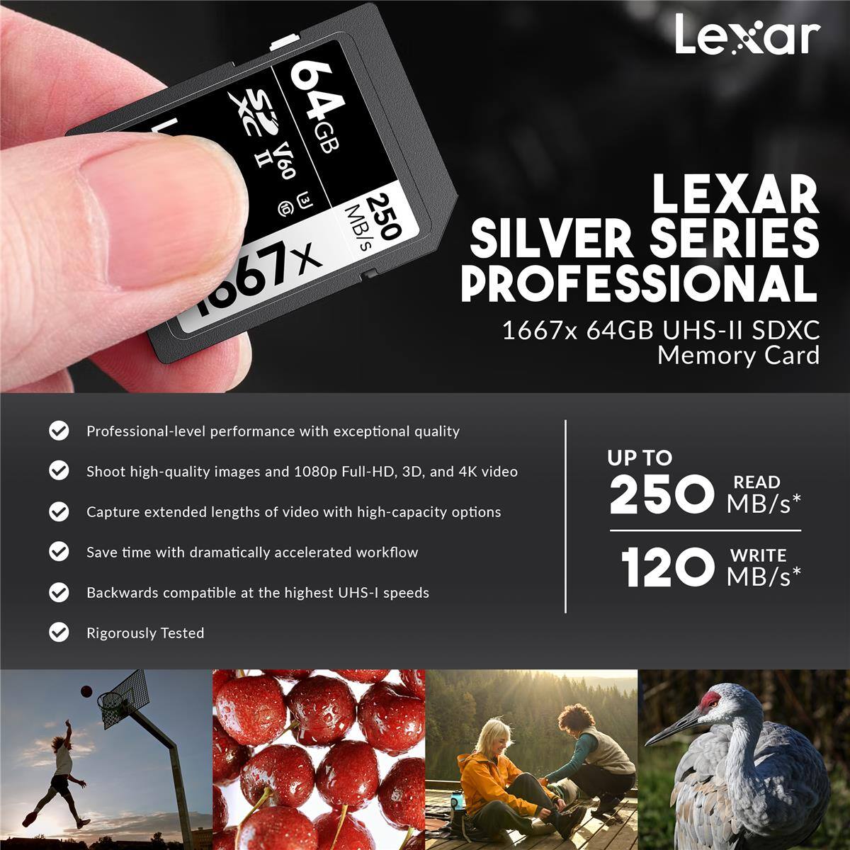 Lexar X 64 GB II V60 LEXAR MB/s 250 SILVER SERIES 067 PROFESSIONAL 1667x 64GB UHS-II SDXC Memory Card

Professional-level performance with exceptional quality
Shoot high-quality images and 1080p Full-HD, 3D, and 4K video
Capture extended lengths of video with high-capacity options
Save time with dramatically accelerated workflow
Backwards compatible at the highest UHS-I speeds
Rigorously Tested

UP TO READ 250 MB/s* WRITE 120 MB/s*